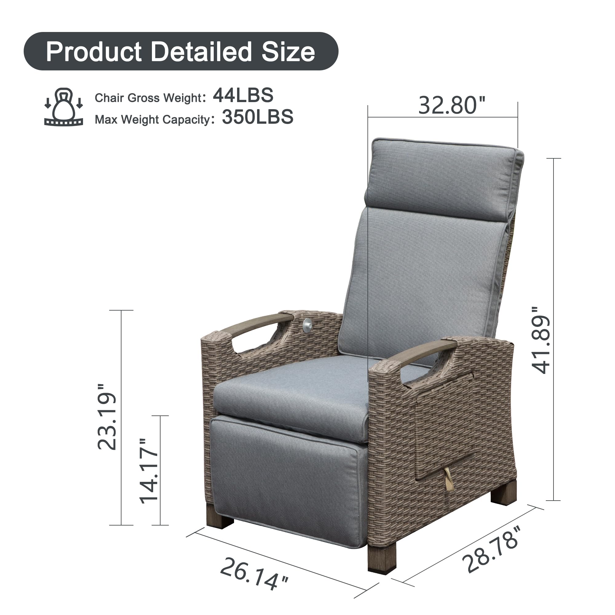 Domi Outdoor Recliner Chair - Hand-Woven Wicker Patio Lounge Chair with Flip Table, Adjustable Angle & Thick Cushions - Grey Reclining Chair for Backyard, Poolside, Deck, Garden & Indoor Relaxation