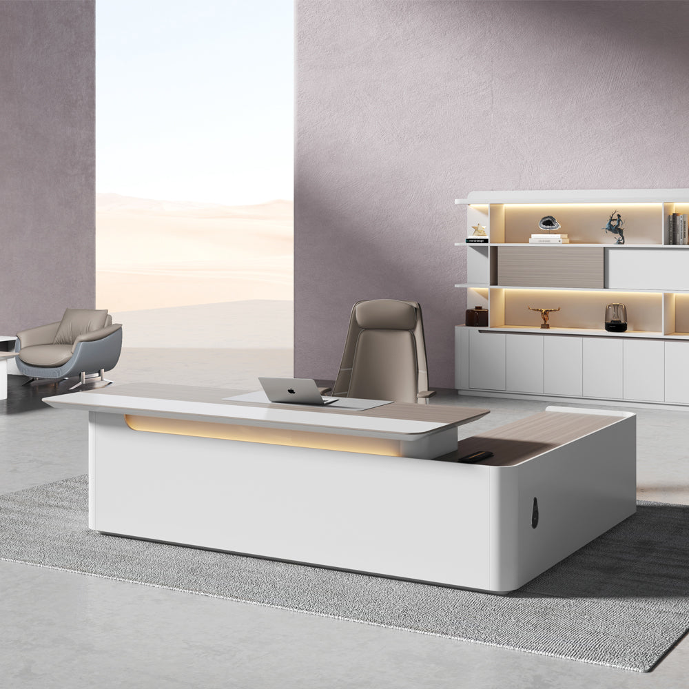 LUSH Executive Desk Left Return 240cm White & Taupe - Modern Office Desk for Home & Business Workspace