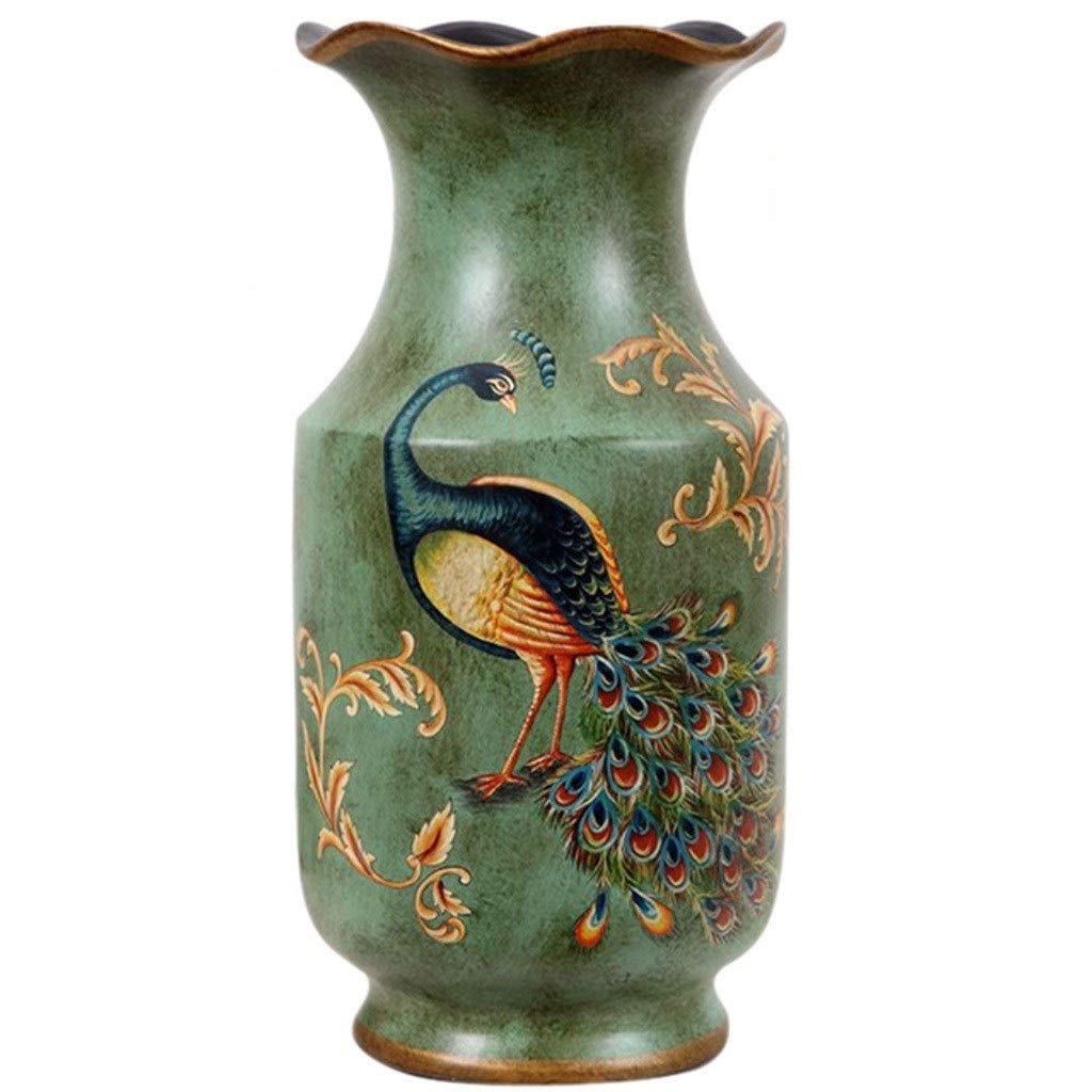 Vintage Peacock Design Ceramic Vase - Handcrafted Green Home Decor (33.8cm/13.3in) for Living Room, Wedding Centerpiece & Boho Style Interior