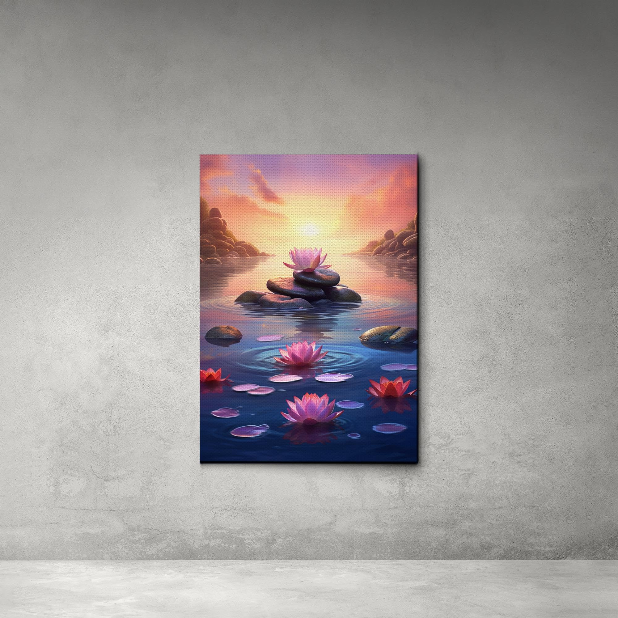Zen Wall Art Decor - Framed Canvas Zen Garden with Stone Flower & Peaceful Water Sunset Print - Meditation & Yoga Room Decor for Home, Office, Spa - Perfect for Relaxation & Mindfulness Spaces