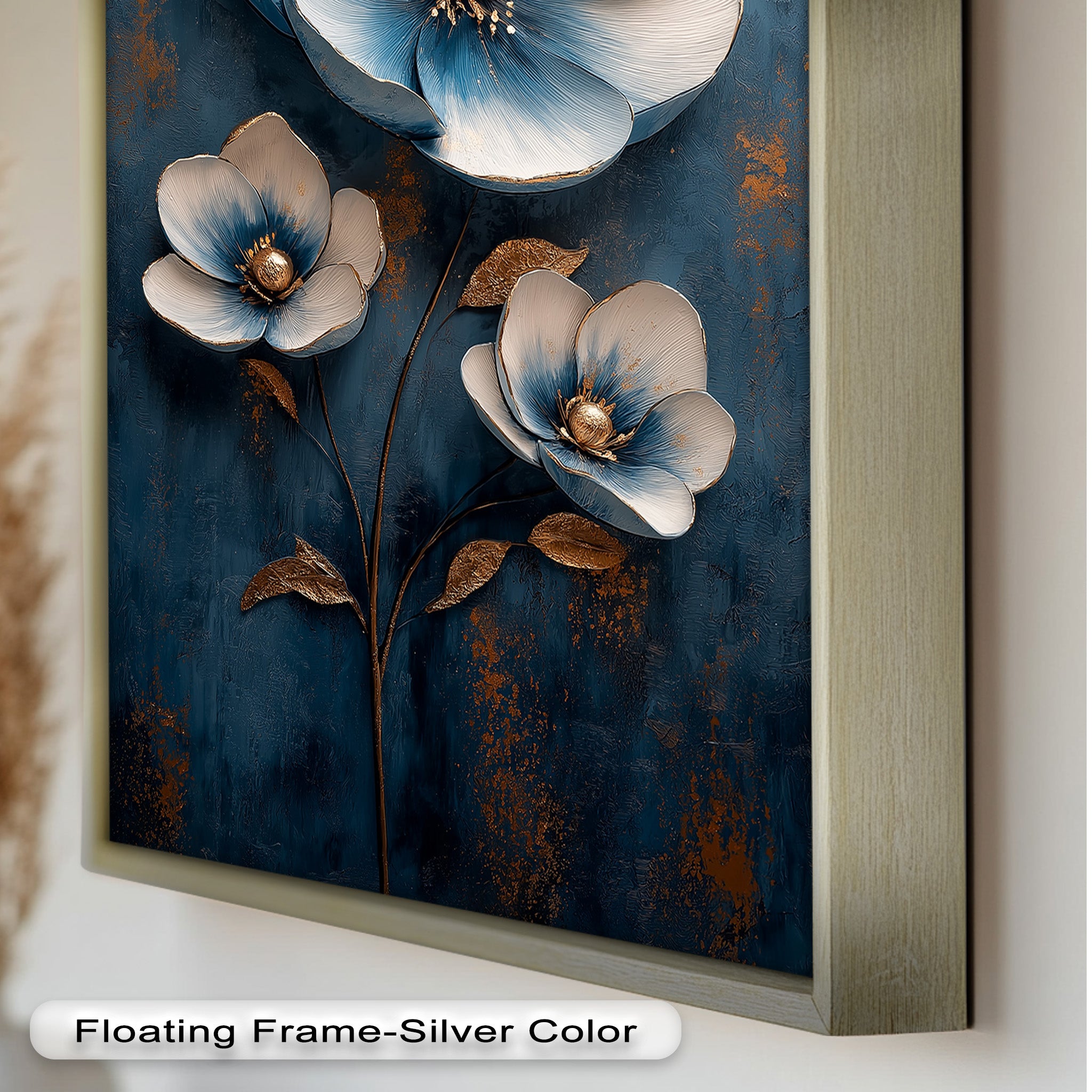 Blue and Gold Flower Modern Oil Painting - Handmade Canvas Wall Art for Living Room, Bedroom & Office Decor