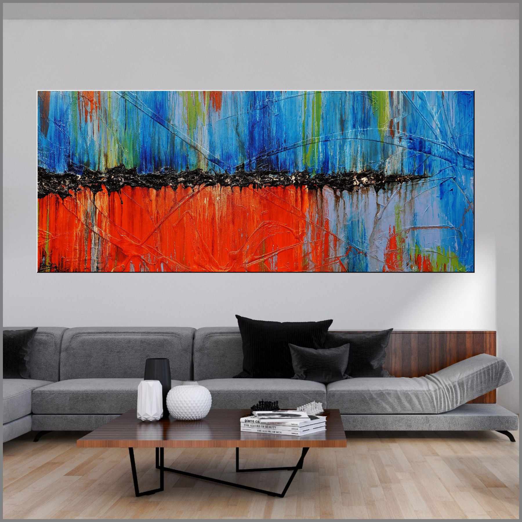 Orange Blue Textured Abstract Painting 240cm x 100cm - Modern Wall Art for Living Room, Bedroom & Office Decor | Cocktails At Sunset Inspired Artwork