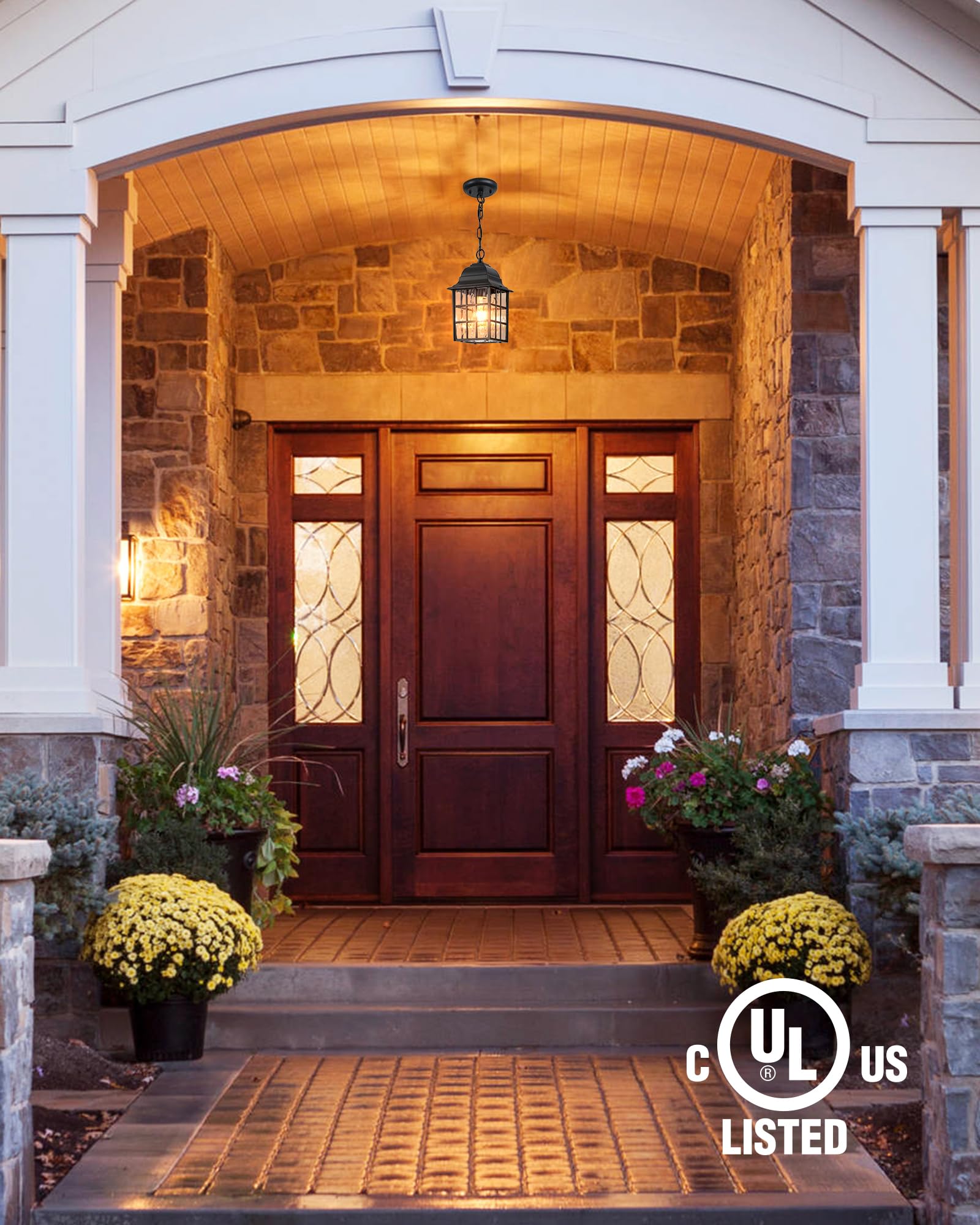 VIANIS Black Outdoor Pendant Lights - Rust-Resistant Aluminum Farmhouse Lantern for Porch, Garage, Entryway & Gazebo - Durable Tempered Ripple Glass Chandelier (Perfect for Patio, Deck, and Outdoor Dining Areas)