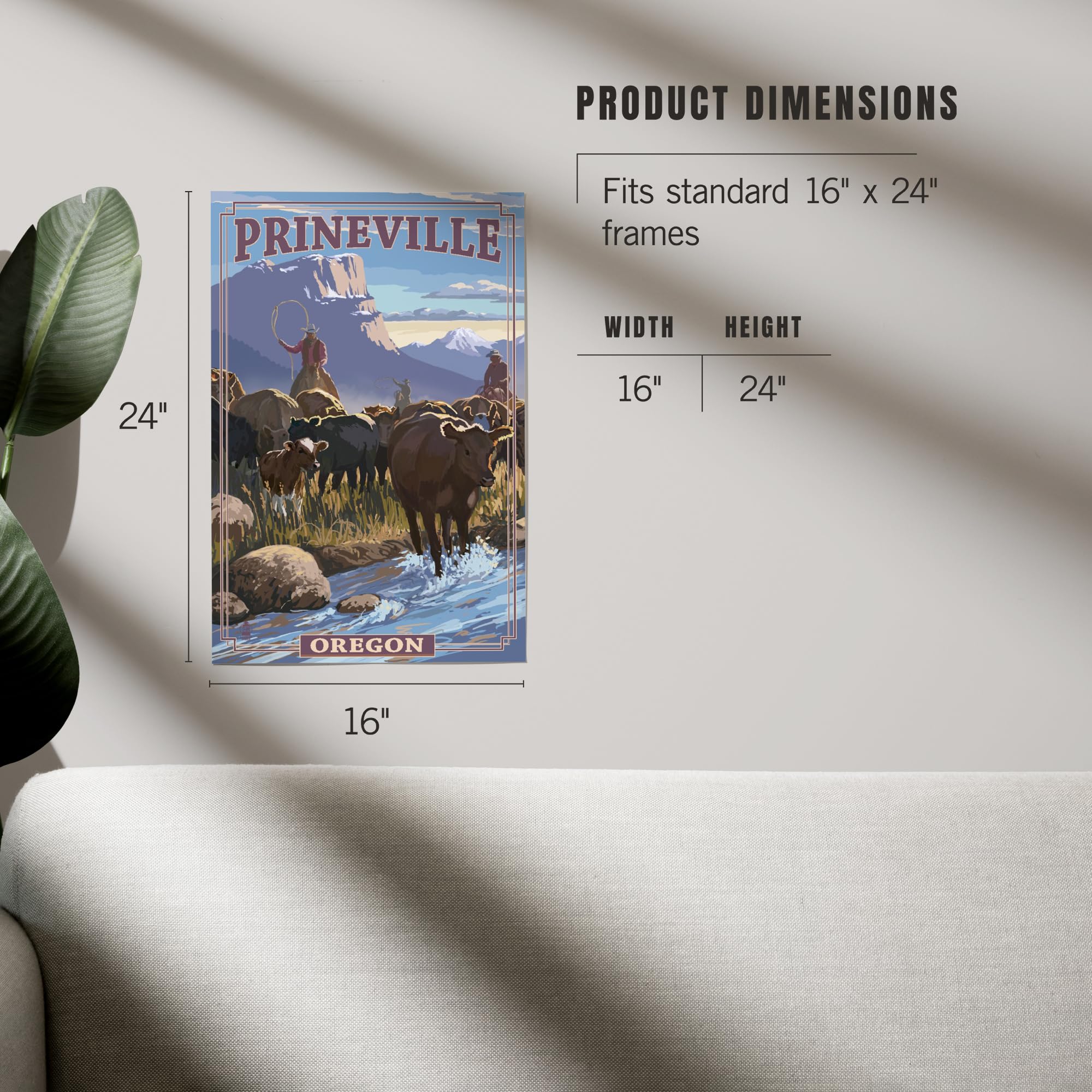 Lantern Press 16x24 Inch Giclee Art Print - Prineville Oregon Cowboy Cattle Drive Western Landscape Wall Decor | Perfect for Living Room, Office or Western Theme Home Decor
