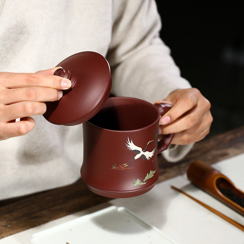 Premium Yixing Purple Clay Pine Crane Tea Cup - Handcrafted Chinese Ceramic Teacup for Gongfu Tea Ceremony, Gift for Tea Lovers - Perfect for Relaxing Tea Time & Zen Meditation