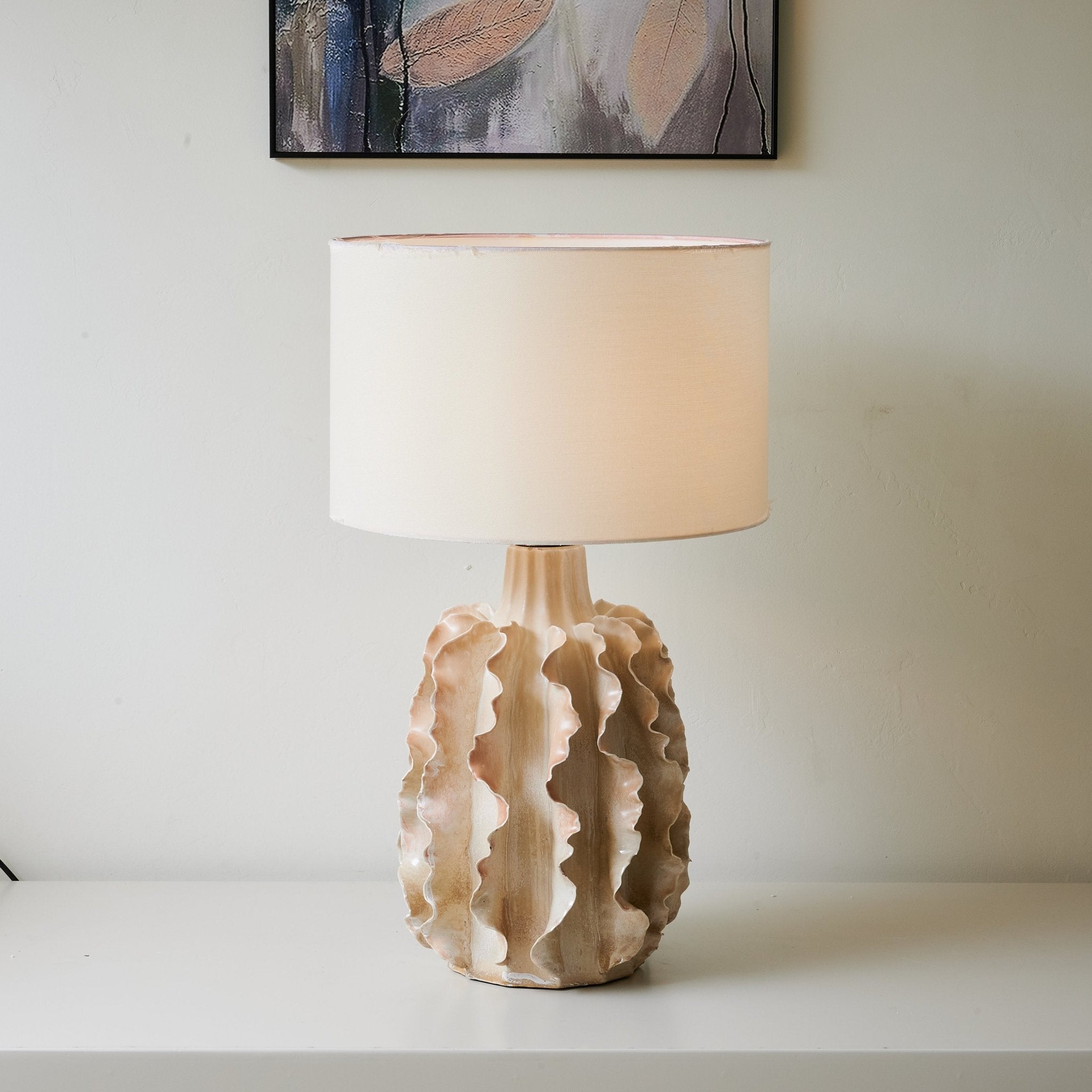 Handmade Rippled Clay Table Lamp - Modern Ceramic Bedside Light for Living Room, Bedroom & Office Decor