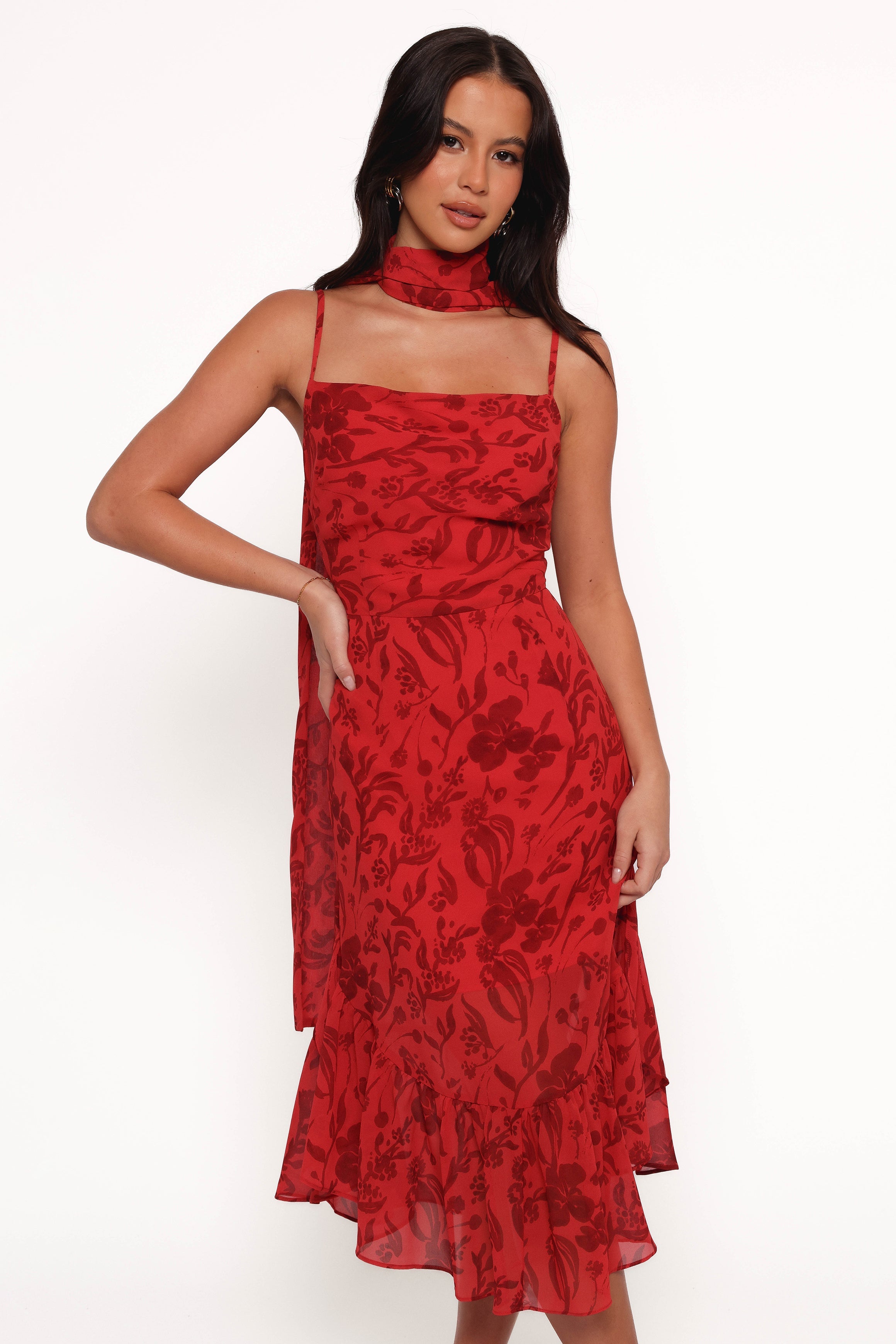 Francesca Women's Midi Dress - Red Floral Print Summer Casual Dress for Beach, Party & Date Night