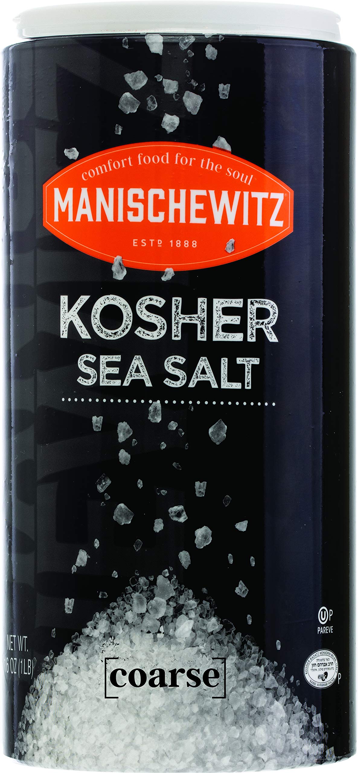 Manischewitz Premium Kosher Coarse Sea Salt - 16oz (1 Pound) Easy Pour Canister | Pure Mediterranean Sea Salt from Italy | Ideal for Salt Grinder Refill & Cooking, Baking, Seasoning