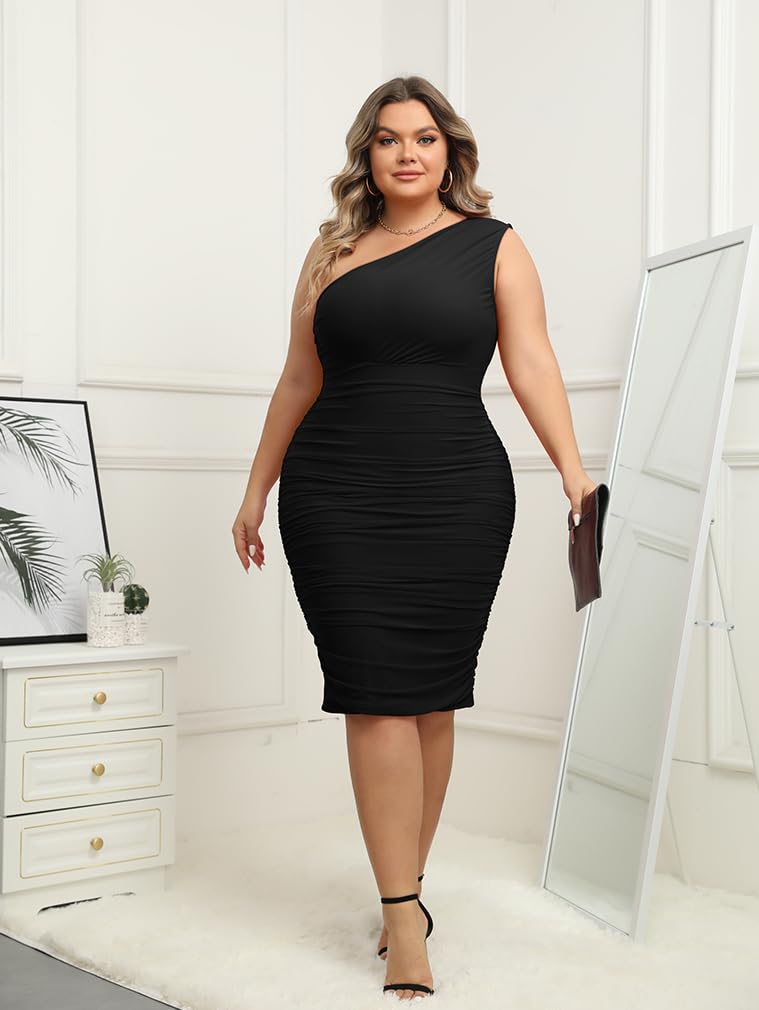 LAGSHIAN Women's Plus Size Bodycon Dress - Sexy One Shoulder Sleeveless Ruched Midi Dress for Party, Night Out, Club & Special Occasions