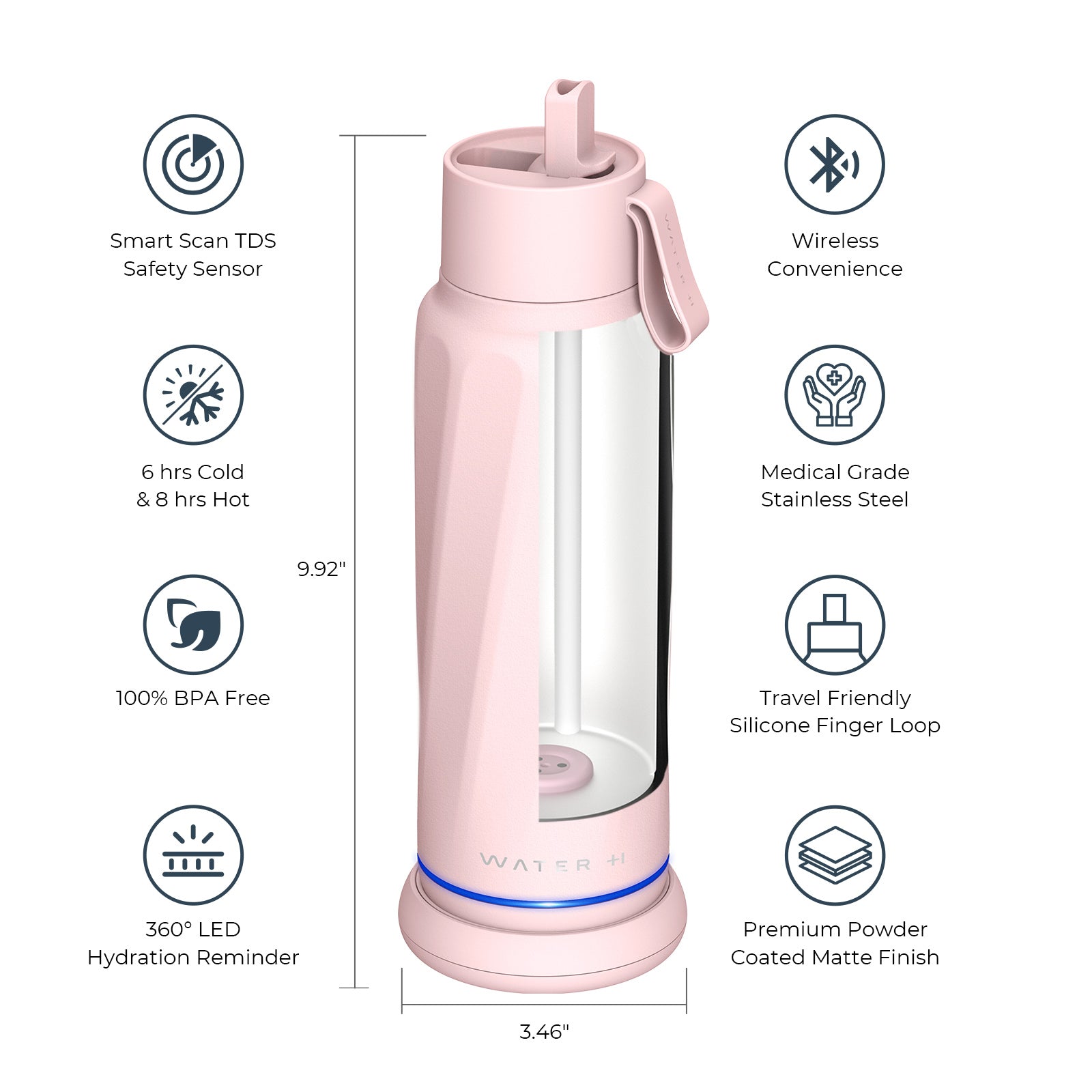 WaterH Vita Smart Water Bottle 18oz - Leakproof Insulated Stainless Steel Bottle with Hydration Tracker & App | Ideal Gift for Fitness, Office & Outdoor Activities