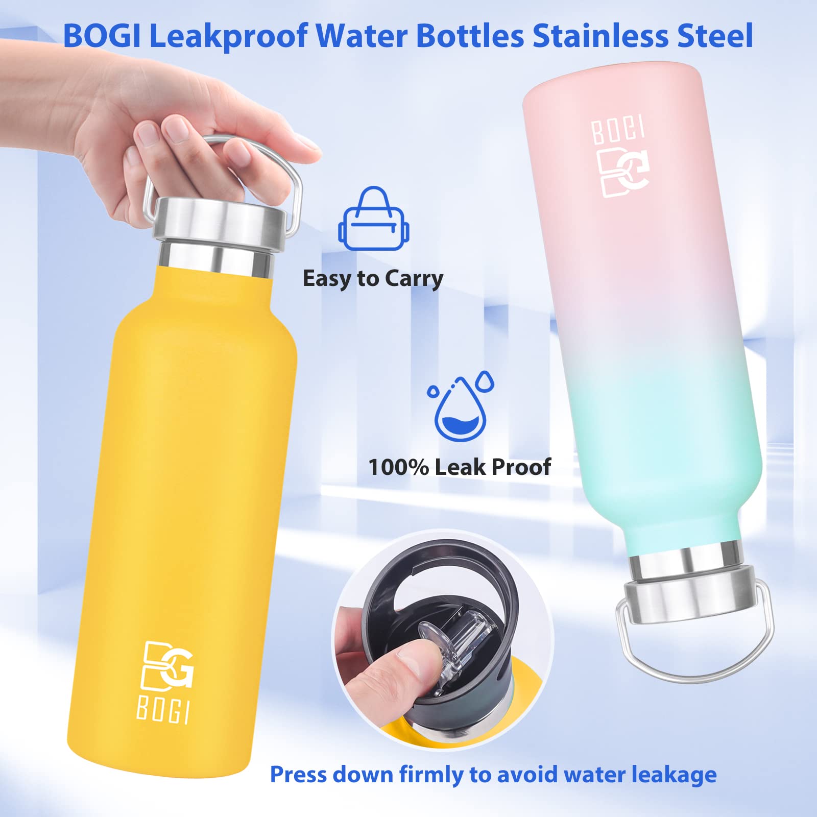 BOGI 24oz Insulated Stainless Steel Water Bottle - 2 Pack Wide Mouth Leakproof Metal Bottles with Straw & Handle, BPA Free for School, Gym, Hiking, Camping & Outdoor Activities - Keeps Drinks Cold for 24 Hours & Hot for 12 Hours