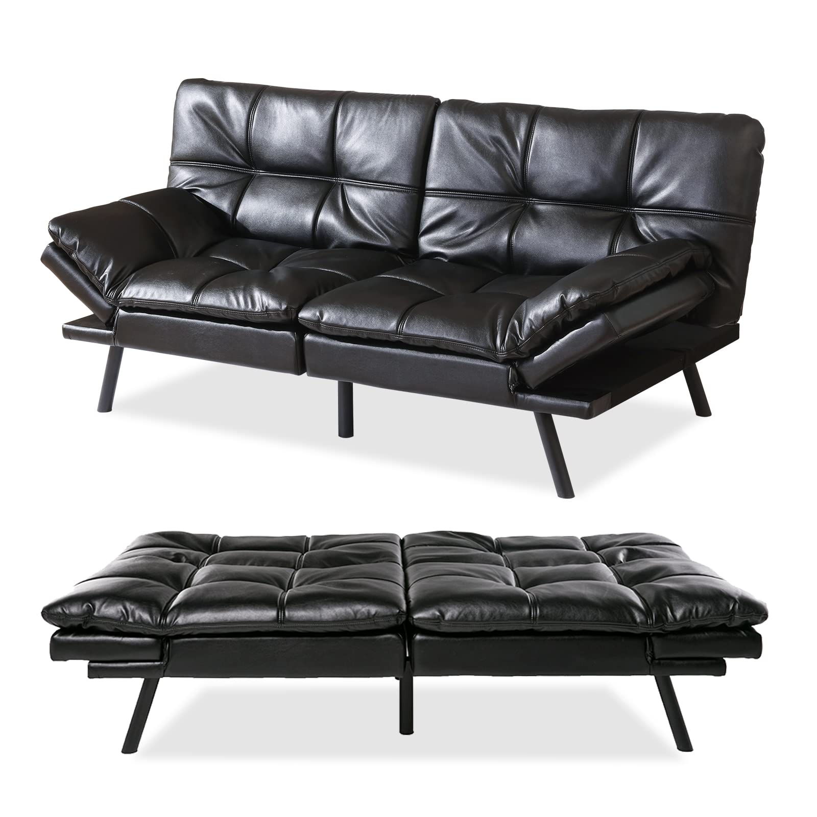 Hcore Convertible Bed - Faux Leather Futon Couch & Sleeper Sofa Bed in Light Black | Space-Saving Multi-Functional Furniture for Small Apartments, Guest Rooms & Home Offices
