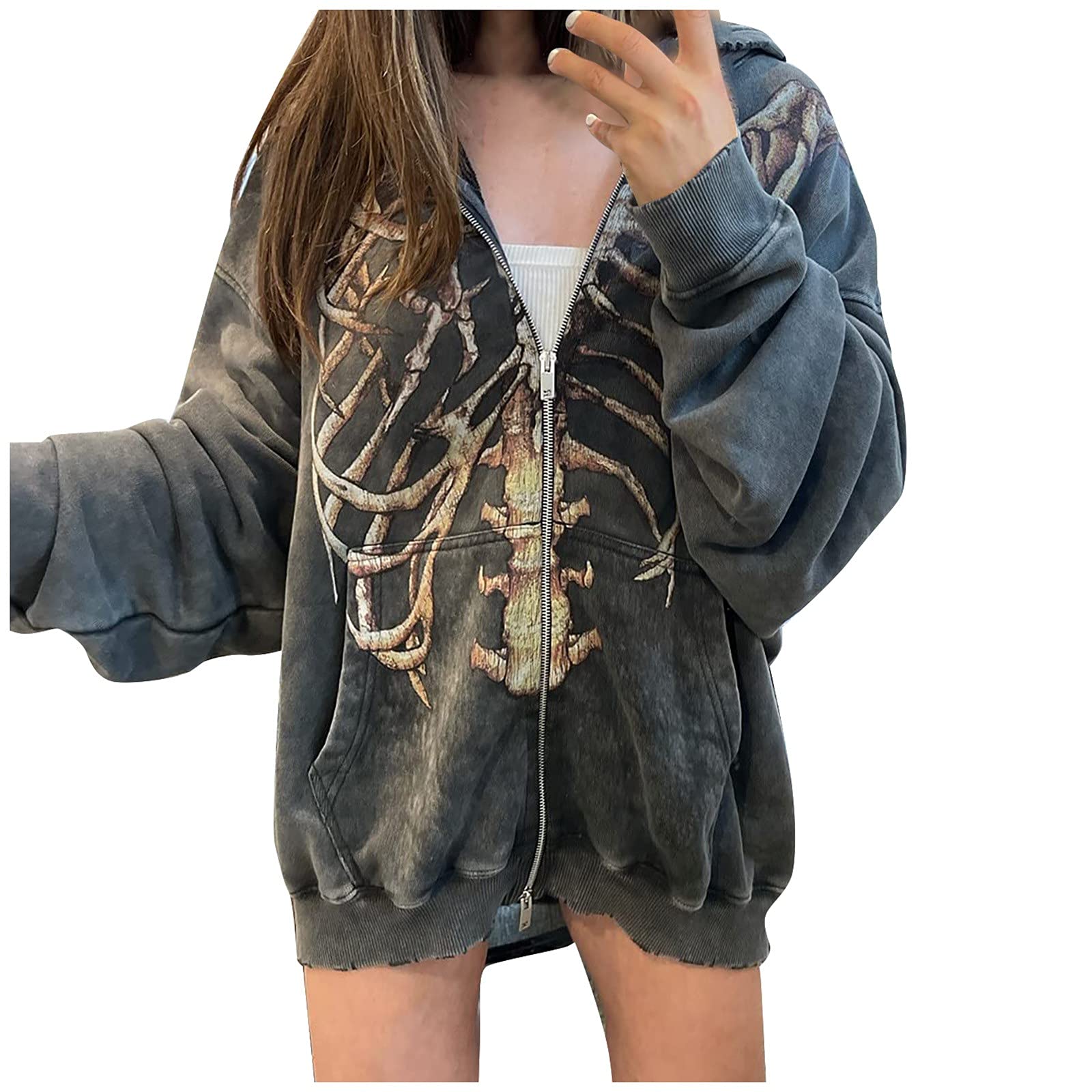 Vintage 90s Streetwear Women's Zip-Up Tunic Sweatshirt - Skeleton Print Hooded Teacher Hoodie | Casual Outfit, Halloween Costume & Retro Fashion