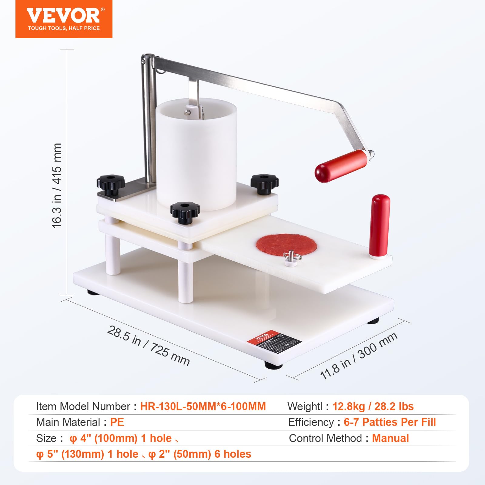 VEVOR Commercial Hamburger Patty Maker Machine - 3 Convertible Molds (2/4/5-inch) for Beef, Chicken & Veggie Patties - 1.5KG Large Capacity Hopper with Handle & Patty Paper - Perfect for Restaurants, Food Trucks & Home BBQ Parties