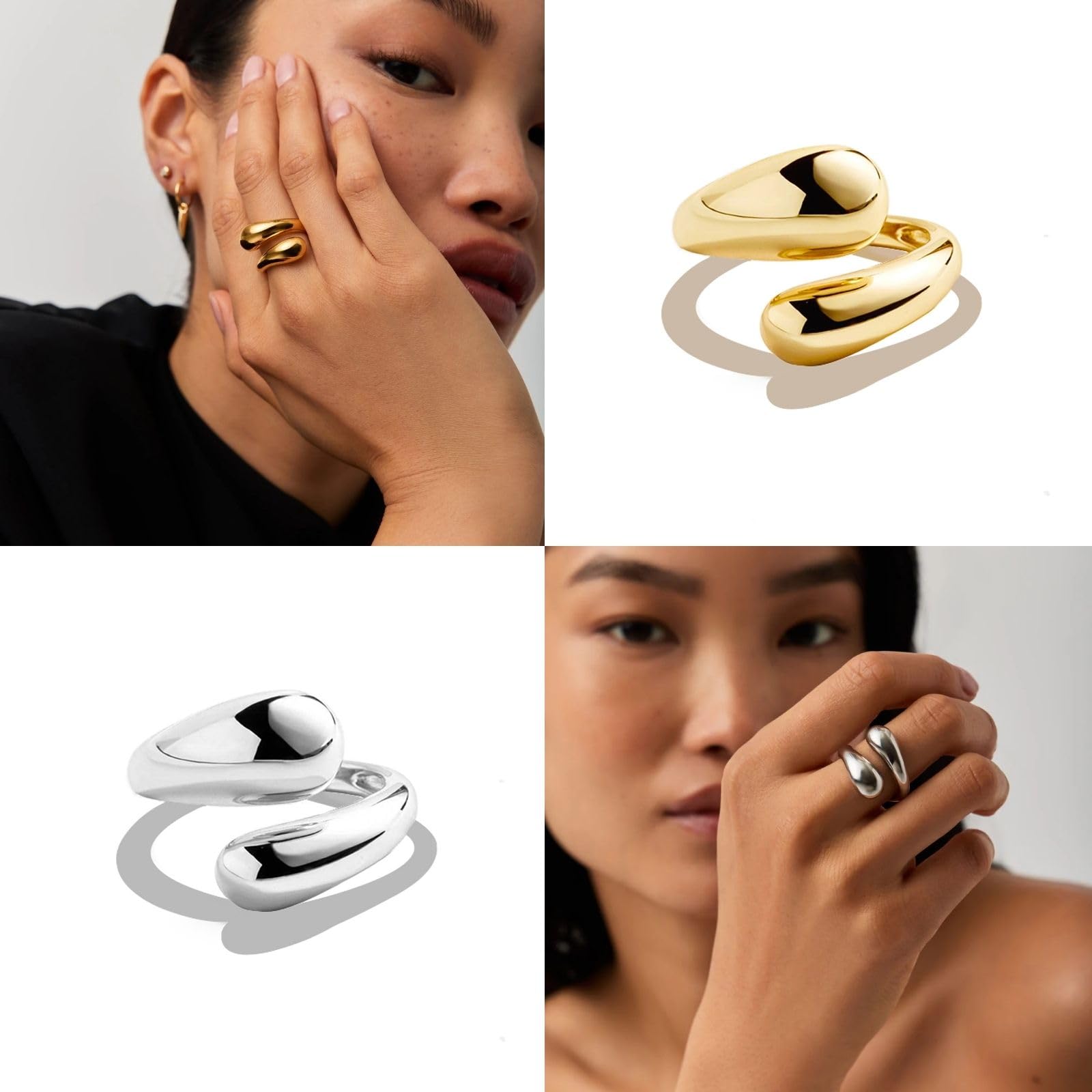 NOKMIT Chunky Gold Dome Rings for Women - Adjustable Bypass Teardrop Statement Ring in High Polished Gold/Silver Tone - Comfort Fit Open Wrap Band for Everyday Wear, Parties & Special Occasions