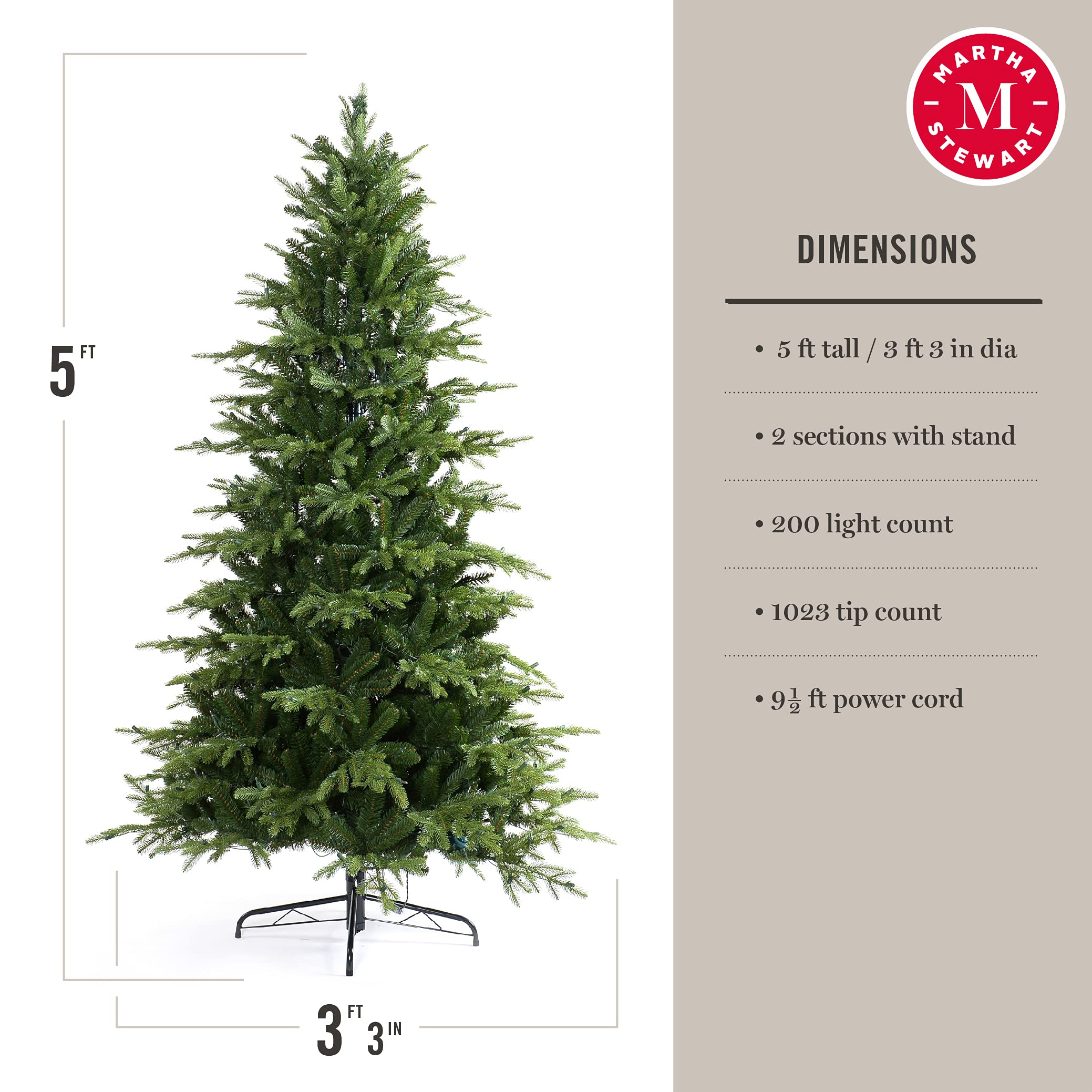 Martha Stewart 5 ft Pre-Lit Artificial Christmas Tree with Clear White Lights - Premium Natural Pine Look for Holiday Decor & Home Celebration