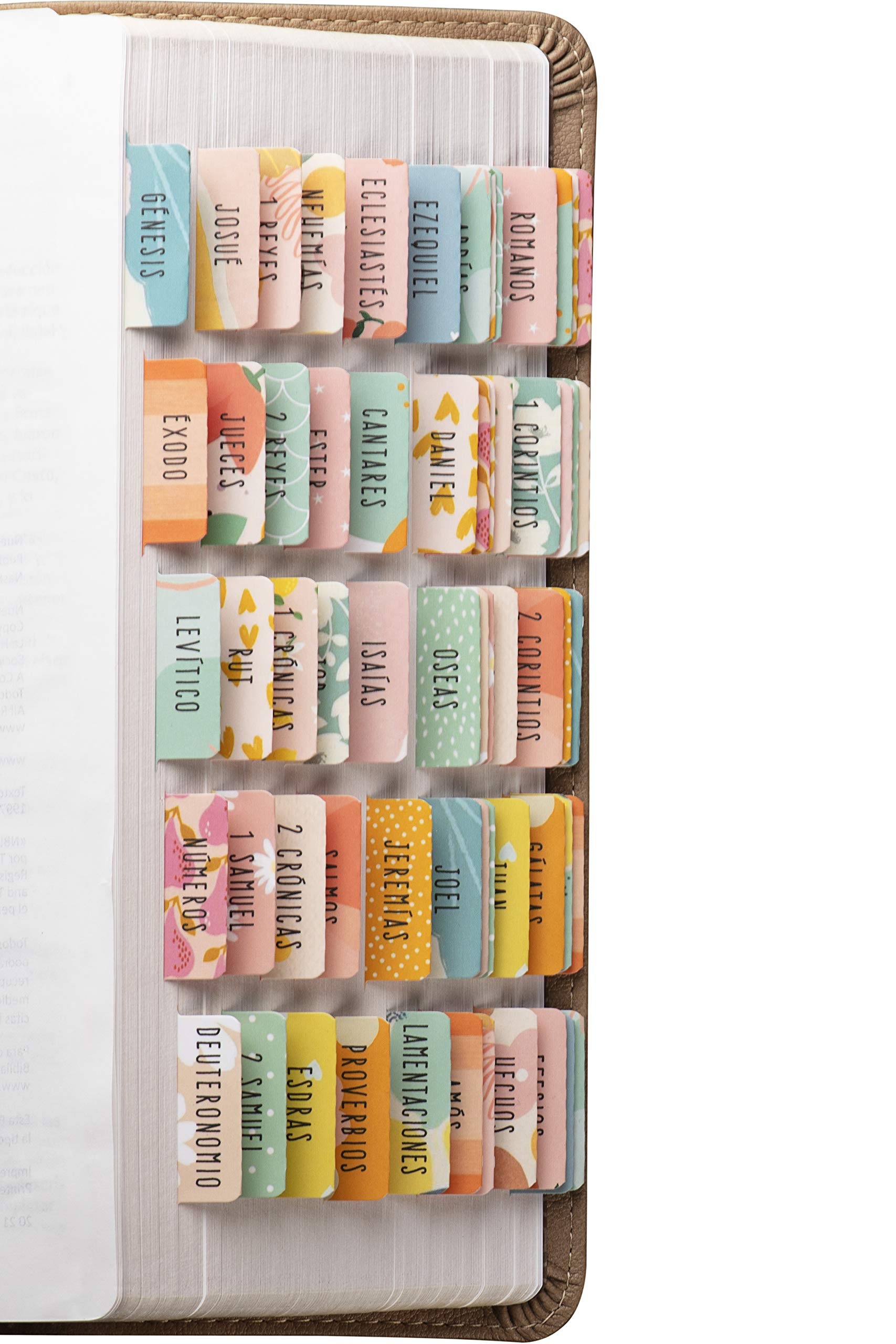 DiverseBee Spanish Bible Tabs - Large Print Easy Read Bible Journaling Supplies, 66 Old & New Testament Tabs with Catholic Books + 9 Blank Tabs, Perfect Christian Gift for Bible Study, Church, and Personal Devotion (Alegria Theme)