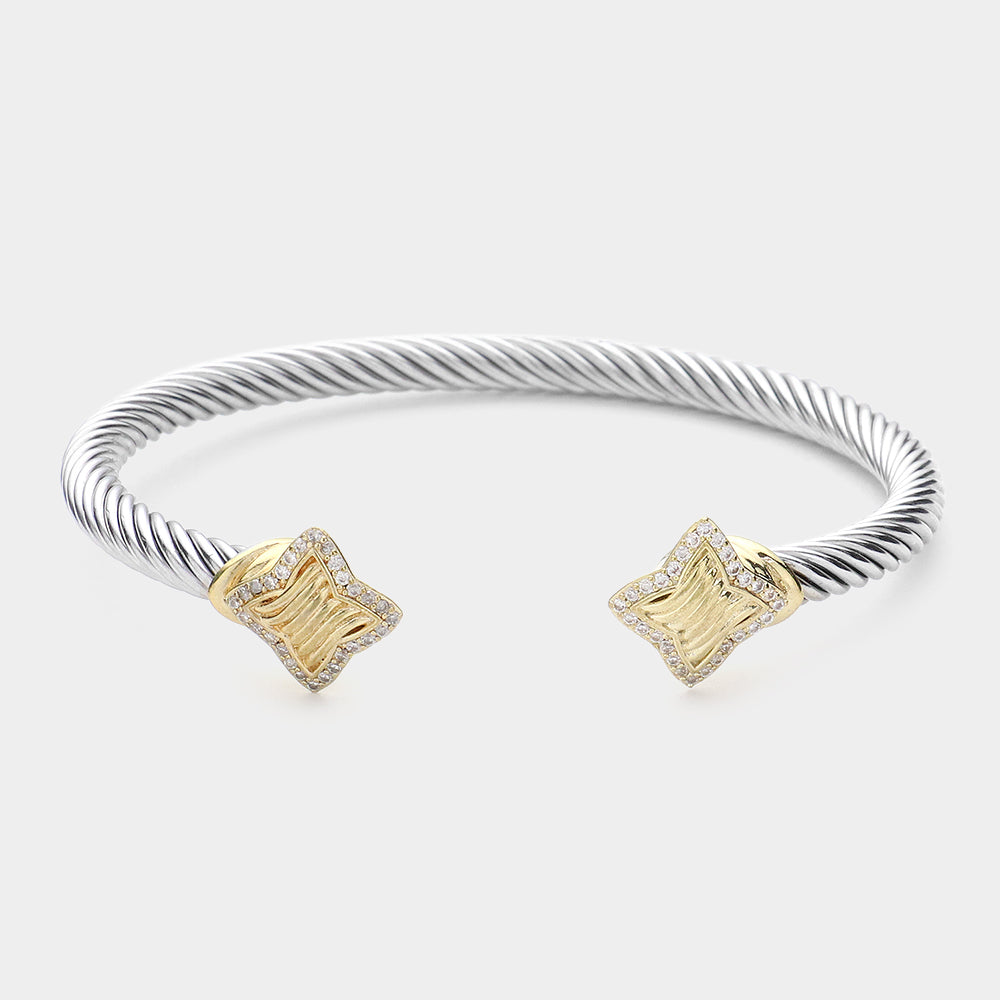 CZ Stone Paved Two Tone Quatrefoil Cable Cuff Bracelet for Women - Elegant Fashion Jewelry Gift for Birthday, Anniversary & Special Occasions