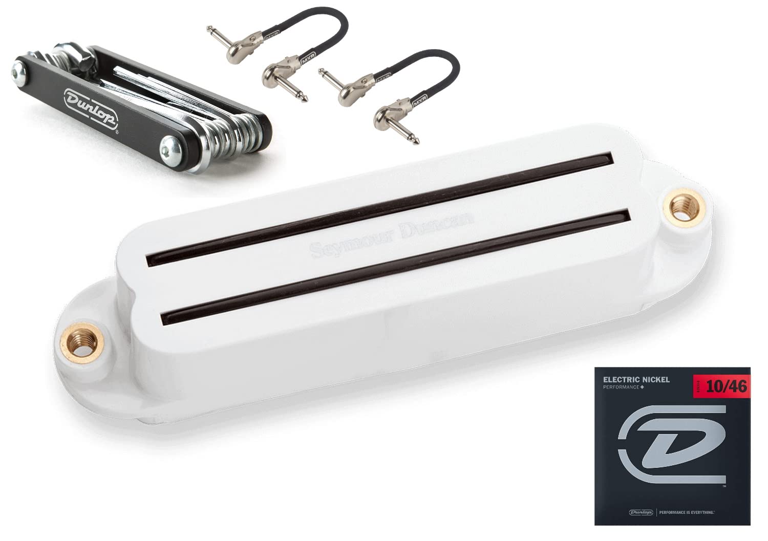 Seymour Duncan SHR-1b Hot Rails Strat Bridge Pickup - Includes 2 MXR Patch Cables, Dunlop DEN1046 Guitar Strings & Multi-Tool (White) | Perfect for Electric Guitar Upgrades & Live Performances