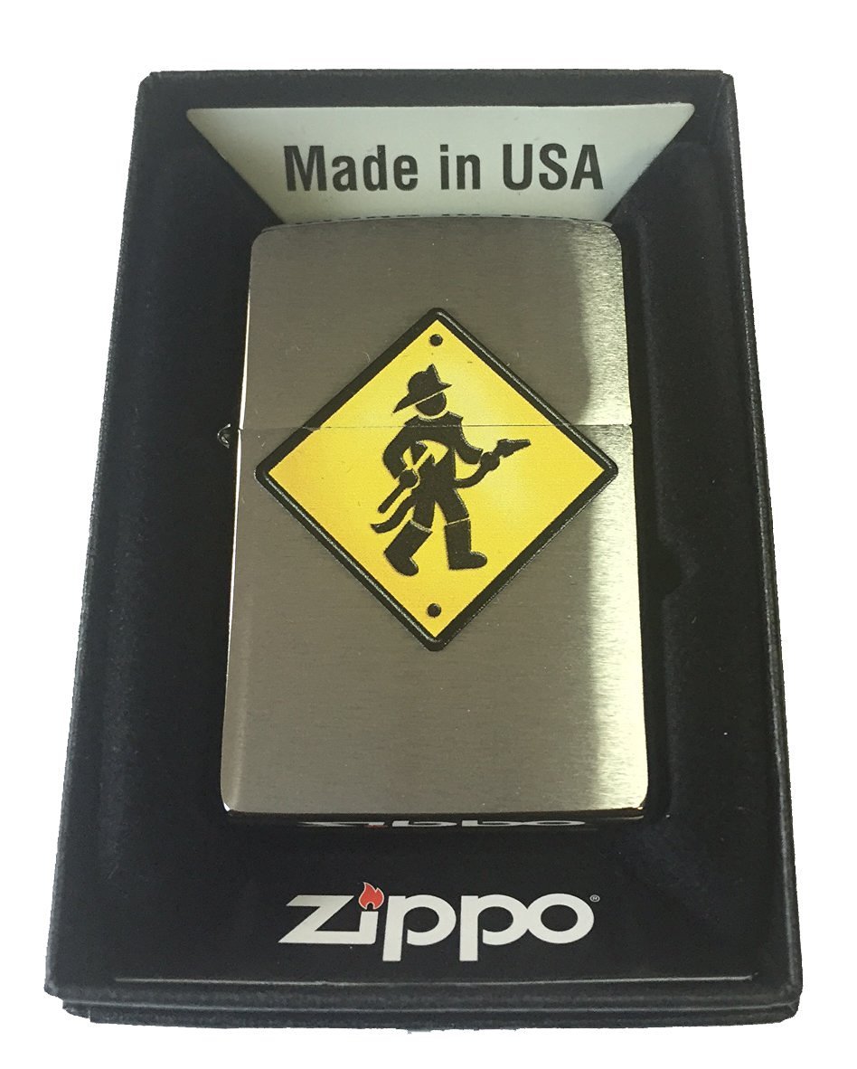Zippo Custom Lighter - Firefighter Street Sign Brushed Chrome Windproof Lighter for Outdoor Camping, Hiking & Emergency Use