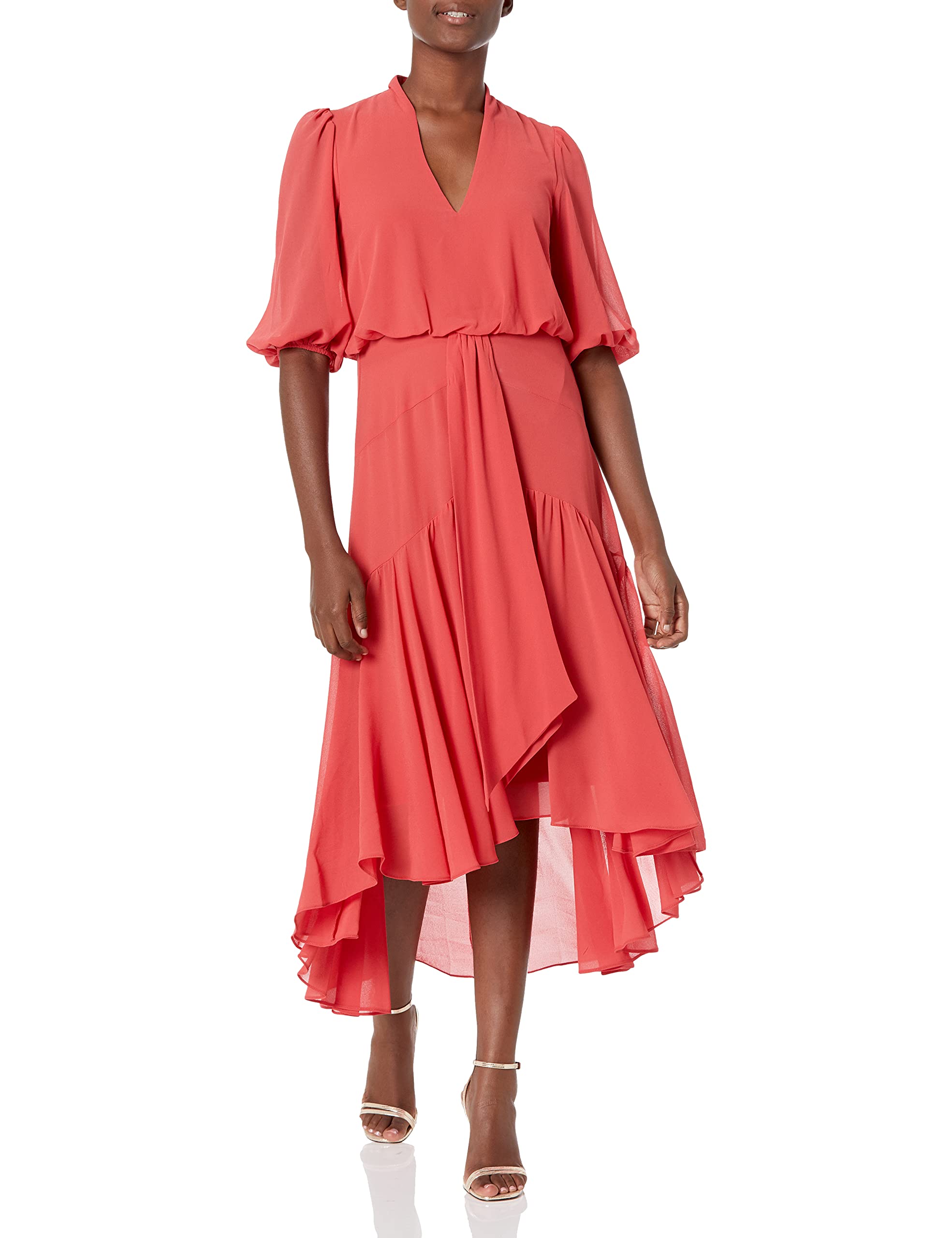 Taylor Women's Elbow Sleeve V-Neck Waist Tie Solid High-Low A-Line Chiffon Dress for Wedding, Party & Special Occasions