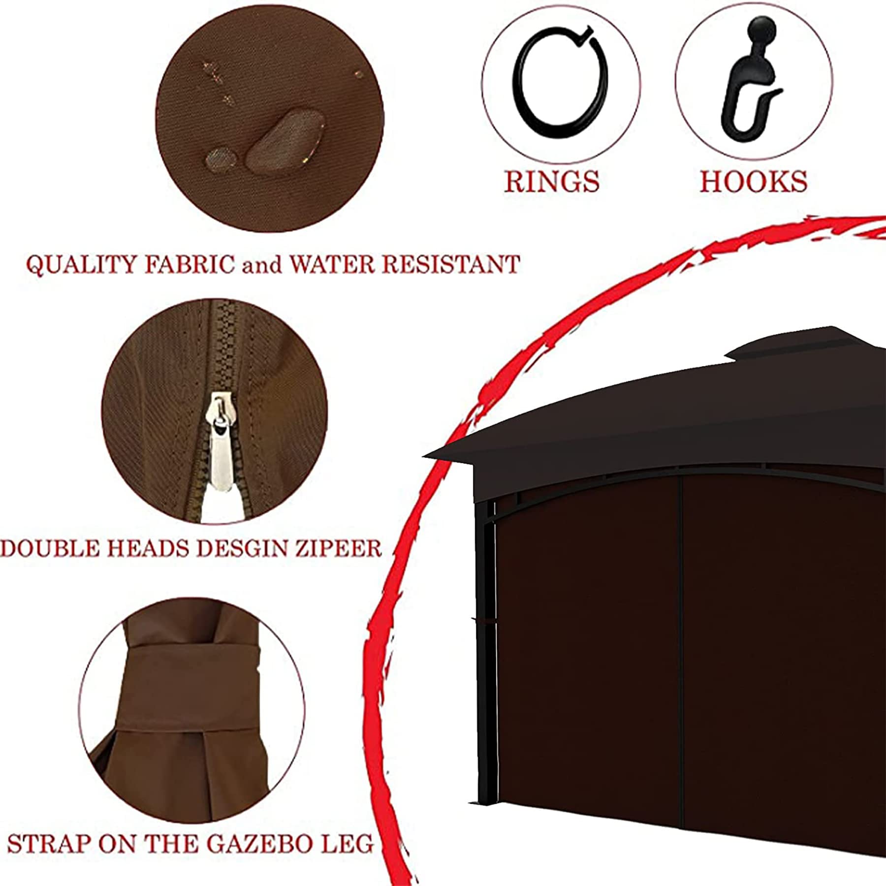 Universal Replacement Gazebo Privacy Curtains - 4-Panel Sidewall with Zipper (10' x 13', Coffee Brown) - Perfect for Outdoor Patio, Deck, and Backyard Privacy Protection