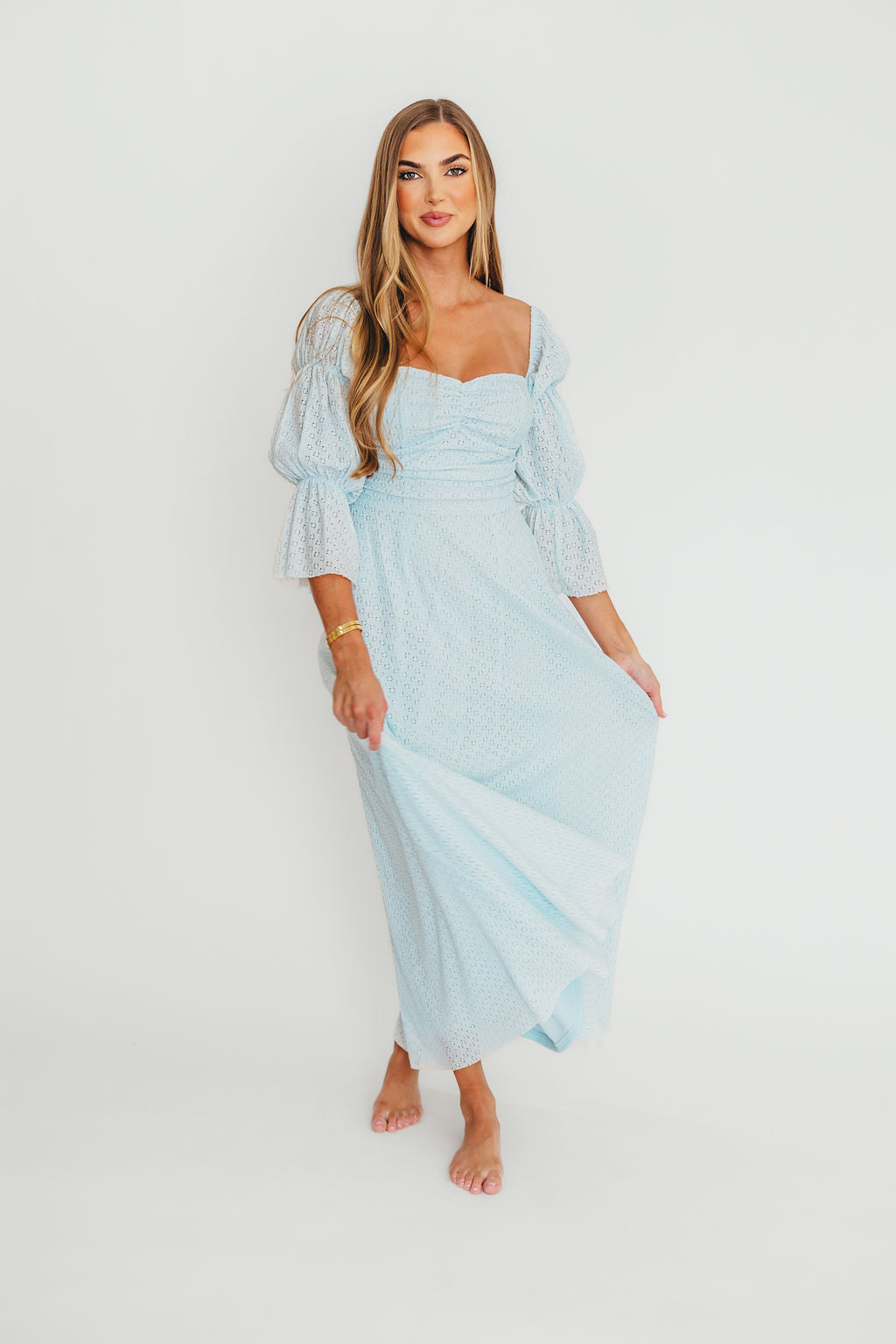 Corrine Tiered Sleeve Maxi Dress with Pockets - Baby Blue Maternity Dress | Bump Friendly & Comfortable for Pregnancy, Nursing, Baby Showers and Special Occasions