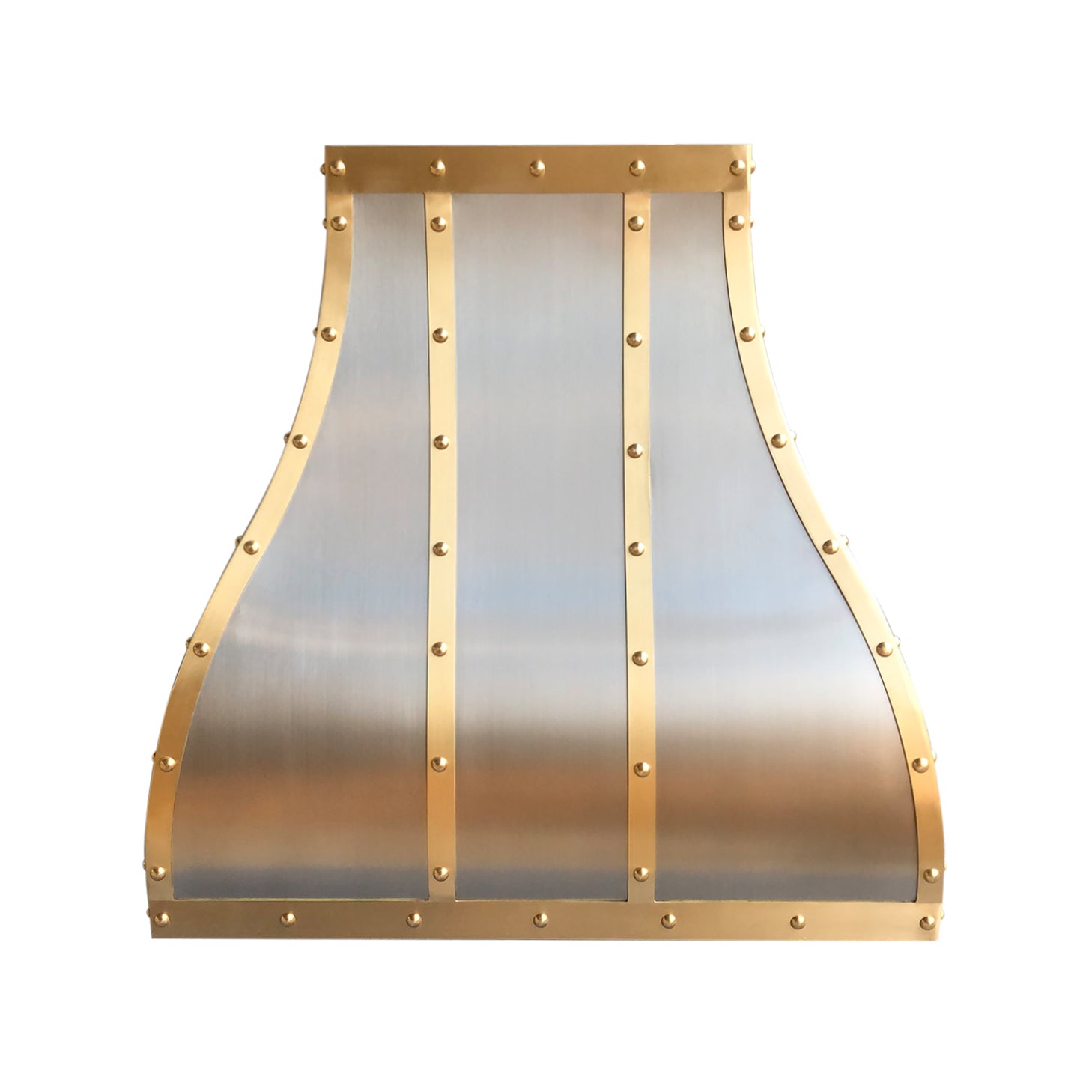 Custom Stainless Steel S-Curve Range Hood with Brass Straps & Rivets - Modern Kitchen Ventilation Hood for Home Chef & Restaurant Use