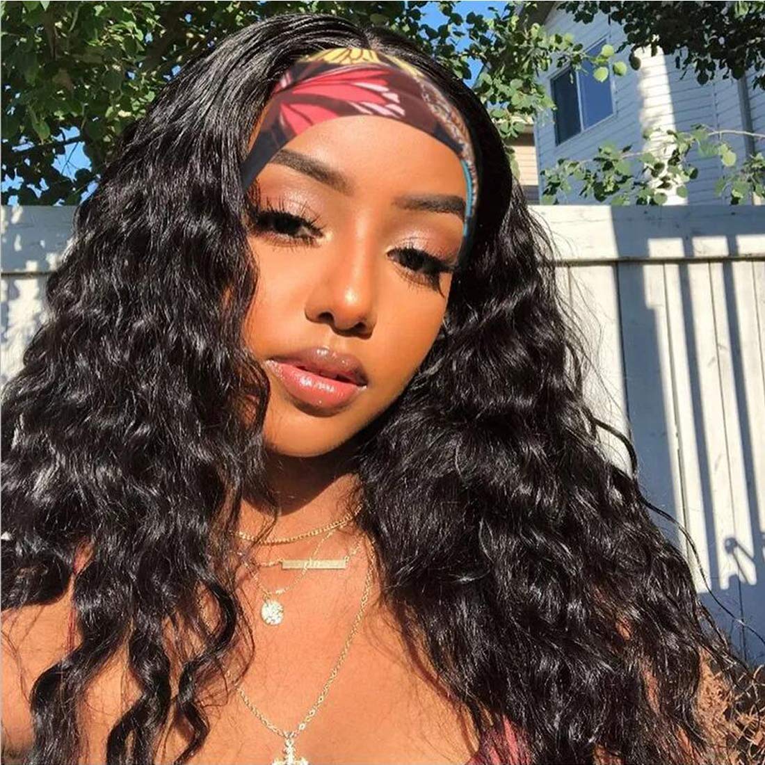 Beauty Forever Headband Human Hair Wigs - Water Wave Glueless Wig with Pre-Attached Scarf | Non Lace Front Natural Color 20 Inch 150% Density Wigs for Women | Perfect for Daily Wear, Cosplay & Protective Styling