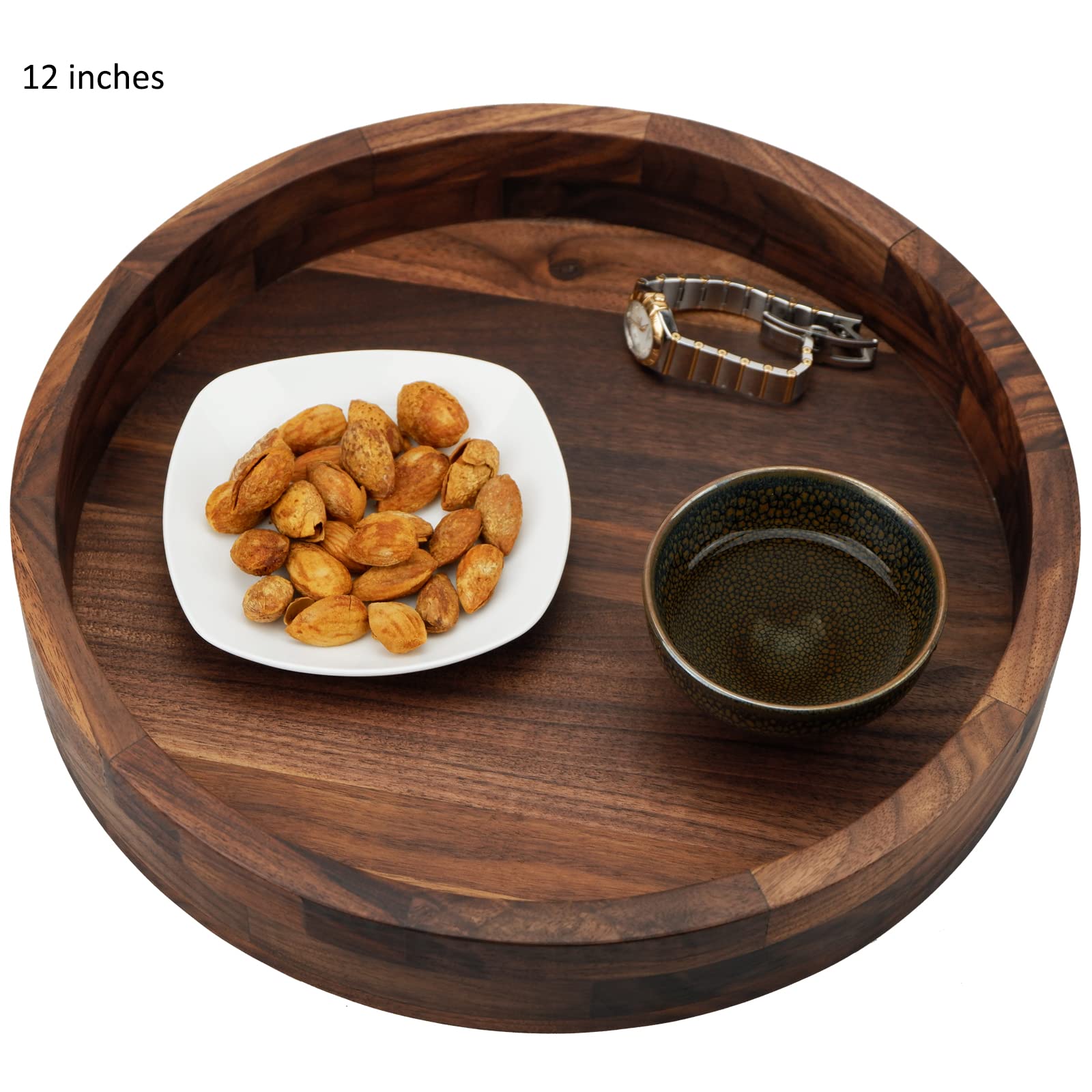 Set of 2 Large Round Black Walnut Wood Ottoman Trays with Handles - 14 & 12 Inch Classic Wooden Serving Tray for Tea, Coffee & Decor - Perfect for Living Room, Bedroom & Coffee Table Use
