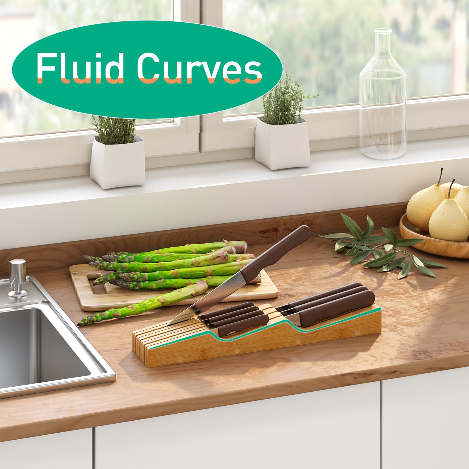 Bamboo Knife Drawer Organizer - 7 Slot Wooden Knife Block for Kitchen Knives | Perfect for Kitchen Drawer Storage & Knife Organization