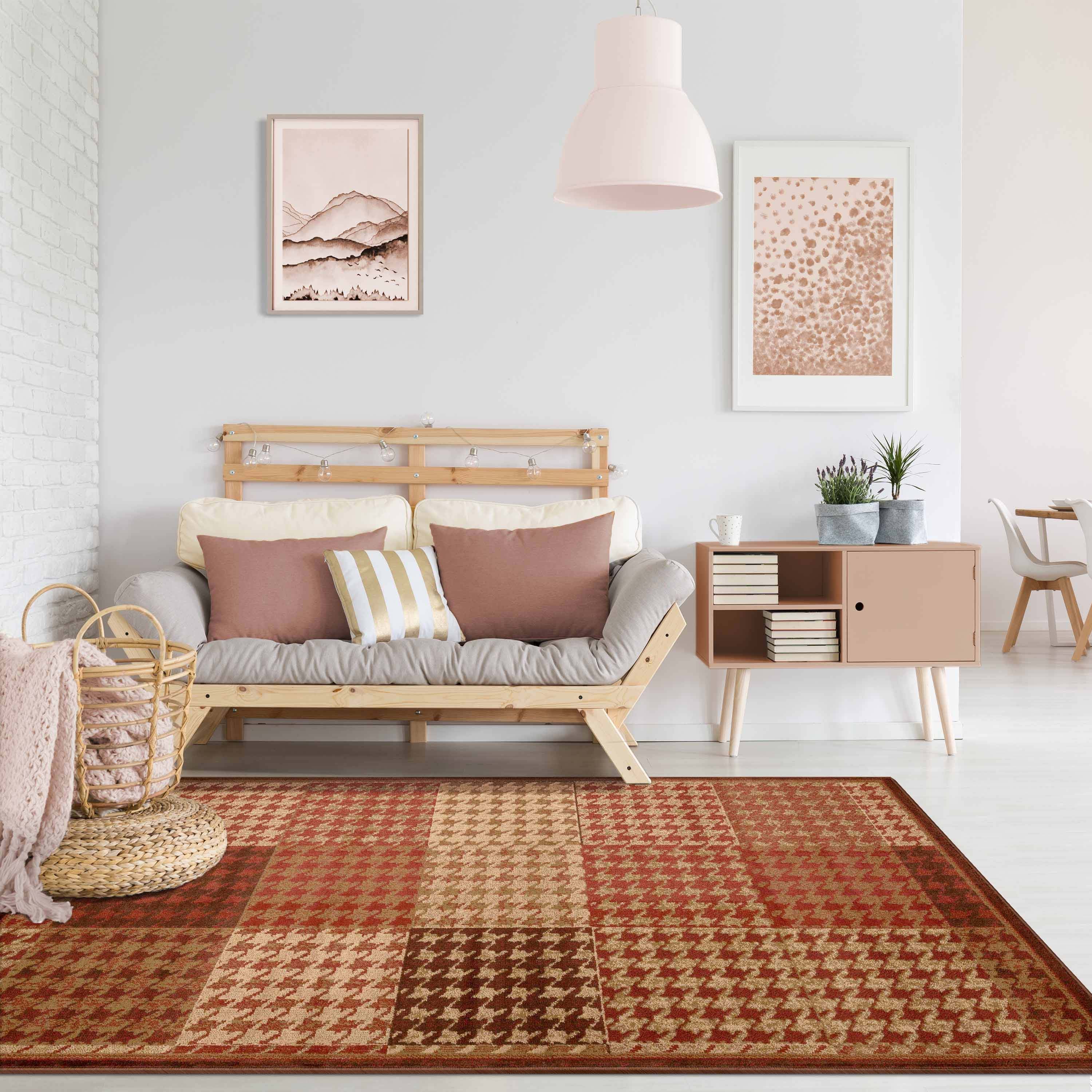 Modern Abstract Checkered Geometric Border Indoor Area Rug - Non-Slip Living Room Carpet, Bedroom Runner for Home Decor