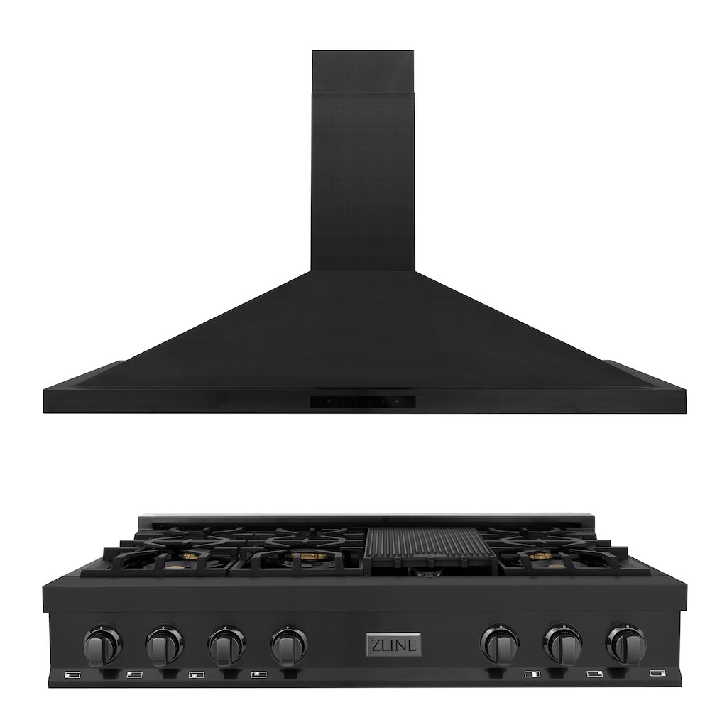 ZLINE 48-Inch Black Stainless Steel Gas Rangetop with Convertible Range Hood - Professional Kitchen Package (2KP RTBRH48) | Perfect for Home Chefs & Modern Kitchen Remodels