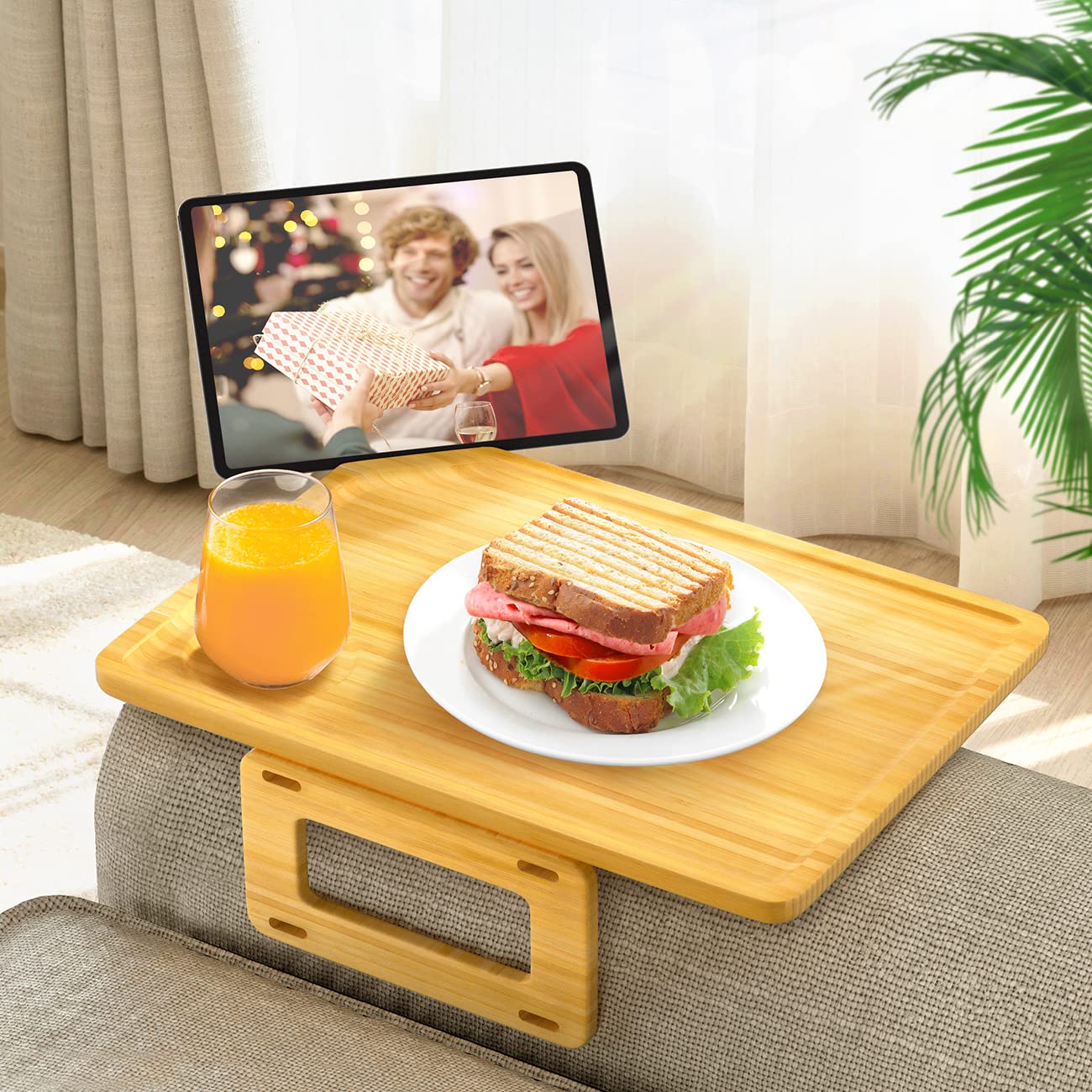 Smatdecis Large Multi-Function Couch Arm Tray Table - Natural Wood Sofa Armrest Clip Table for Drinks, Food & Laptop - Perfect for Home, Office & Bedroom Use While Watching TV or Working