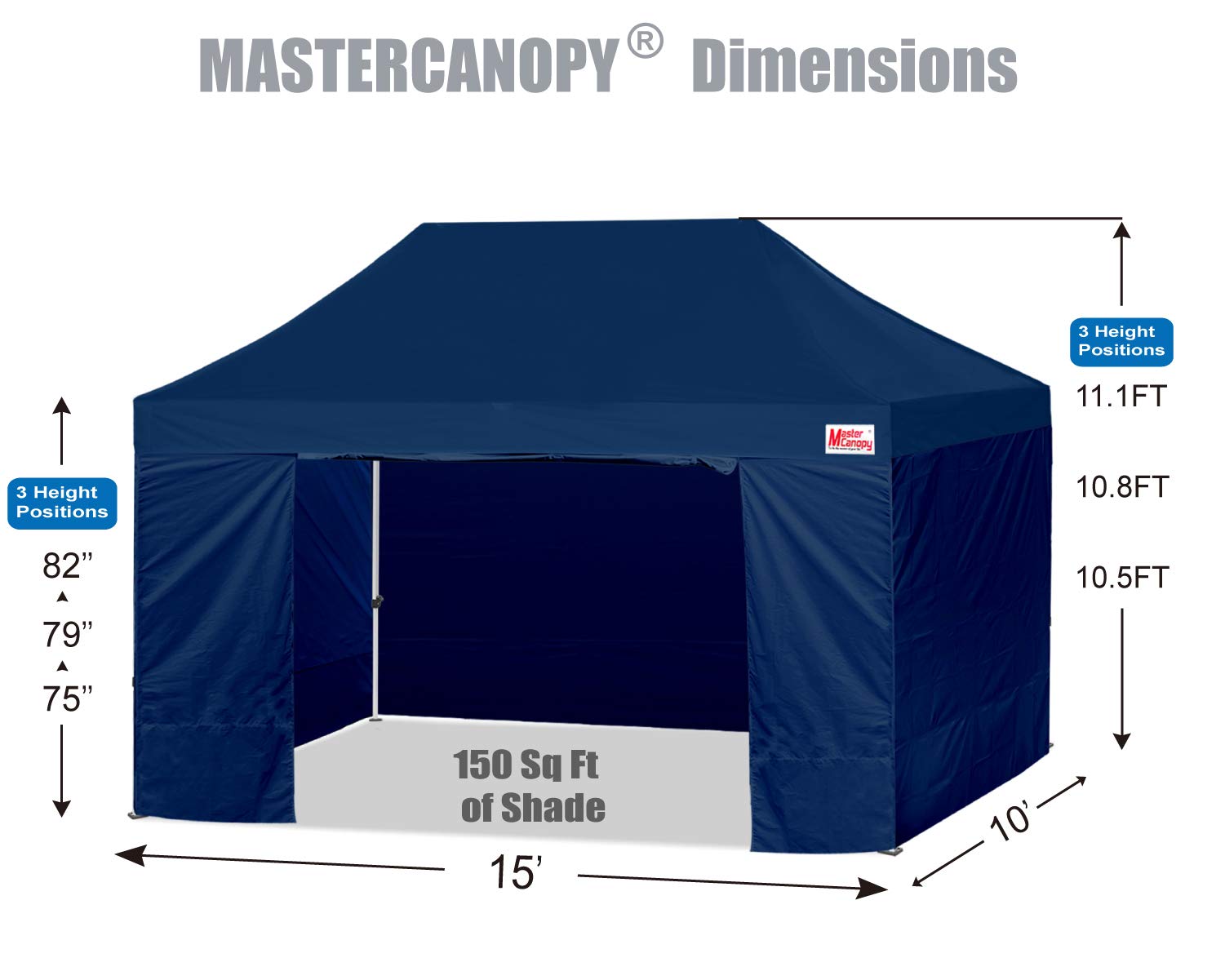 MASTERCANOPY Heavy Duty 10x15 Pop-Up Canopy Tent with Sidewalls - Navy Blue Waterproof Outdoor Shelter for Camping, Beach, Picnics & Events