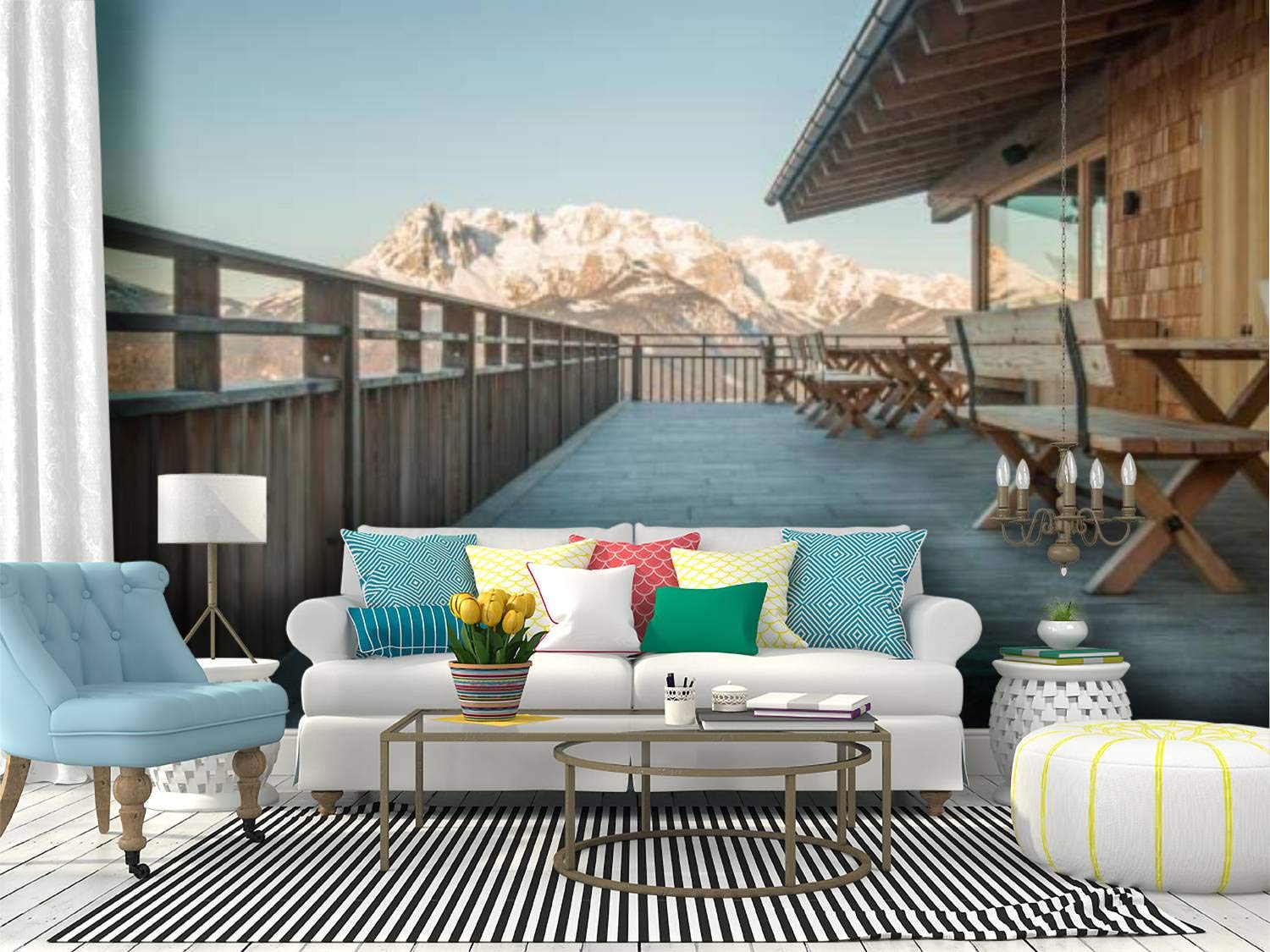 Mountain Hut Terrace Scenery Peel and Stick Wallpaper - Self Adhesive Removable Vinyl Film for Home Decor, Living Room, Bedroom, or Office Wall Art