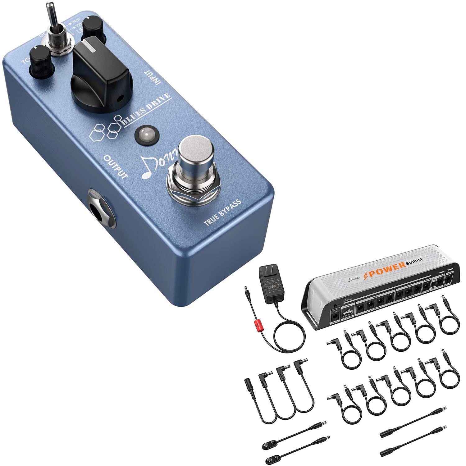 Donner Overdrive Guitar Pedal with DP-Z 9V Power Supply - 11 Isolated DC Outputs, USB Port for 9V/12V/18V Effect Pedals - Perfect for Live Performances & Studio Recording