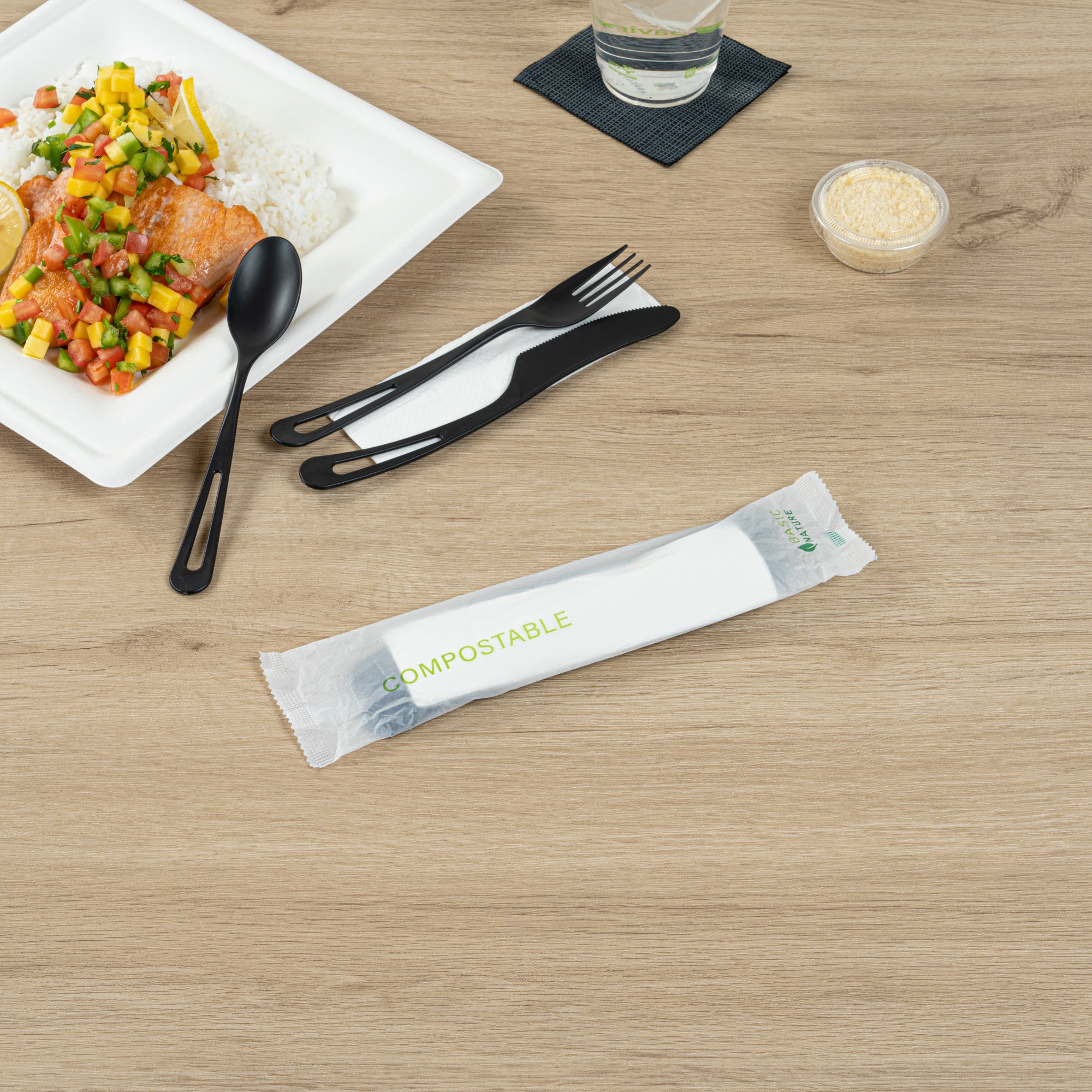 Eco-Friendly Black CPLA Plastic Cutlery Set - 100-Piece Compostable Utensils with Heat-Resistant Forks, Knives & Spoons | Includes Biodegradable Wrapper & White Napkins | Perfect for Parties, Picnics & Takeout Meals