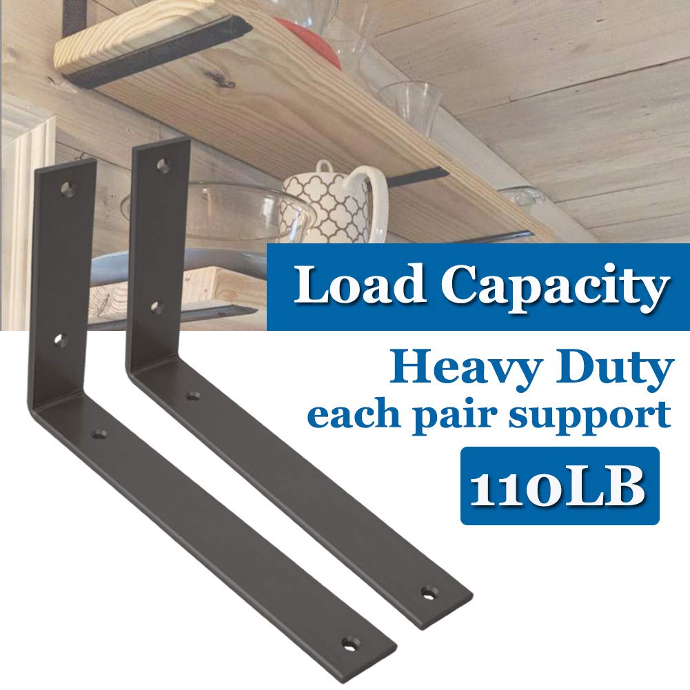 10 Inch Heavy Duty Black Metal Shelf Brackets - Industrial Rustic Wall Mounted L Brackets for DIY Shelving with Screws Included - Perfect for Home Office, Kitchen, and Garage Storage Solutions