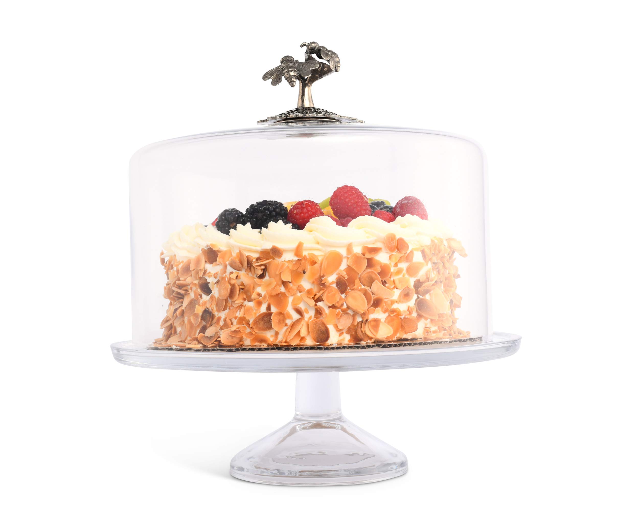 Handblown Glass Cake Stand with Dome Cover & Pewter Honey Bee Knob - 13