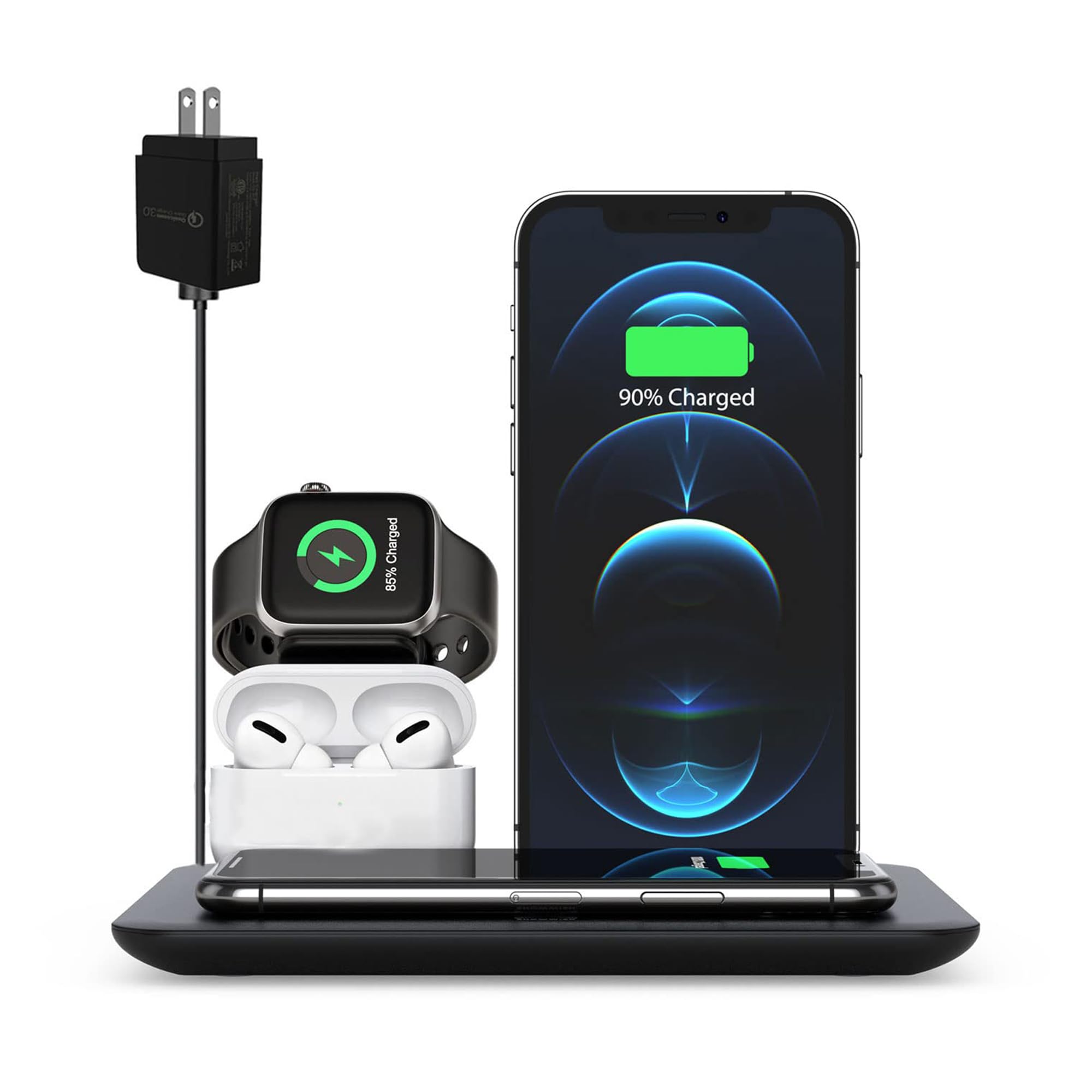 CHUYI 4-in-1 Wireless Charging Station with 18W Fast Charger - Compatible with iPhone 13/12/11 Series, AirPods & Type-C Devices | Multi-Device Charging Dock for Home, Office & Travel