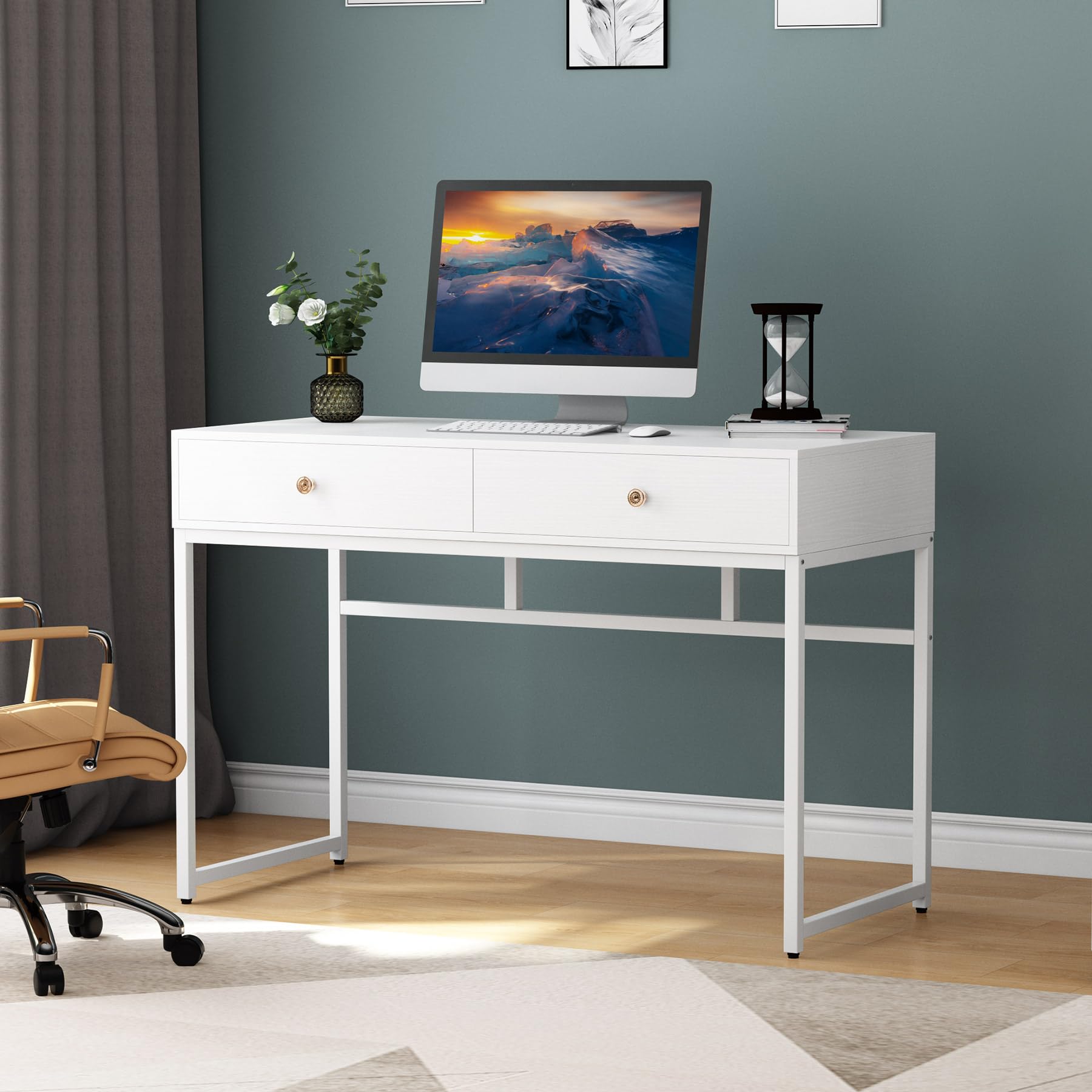 Tribesigns 47-inch Modern Computer Desk with 2 Storage Drawers - Home Office Desk, Study Table, Writing Desk & Makeup Vanity in White & Gold | Perfect for Small Spaces, Gaming Setup & Work from Home