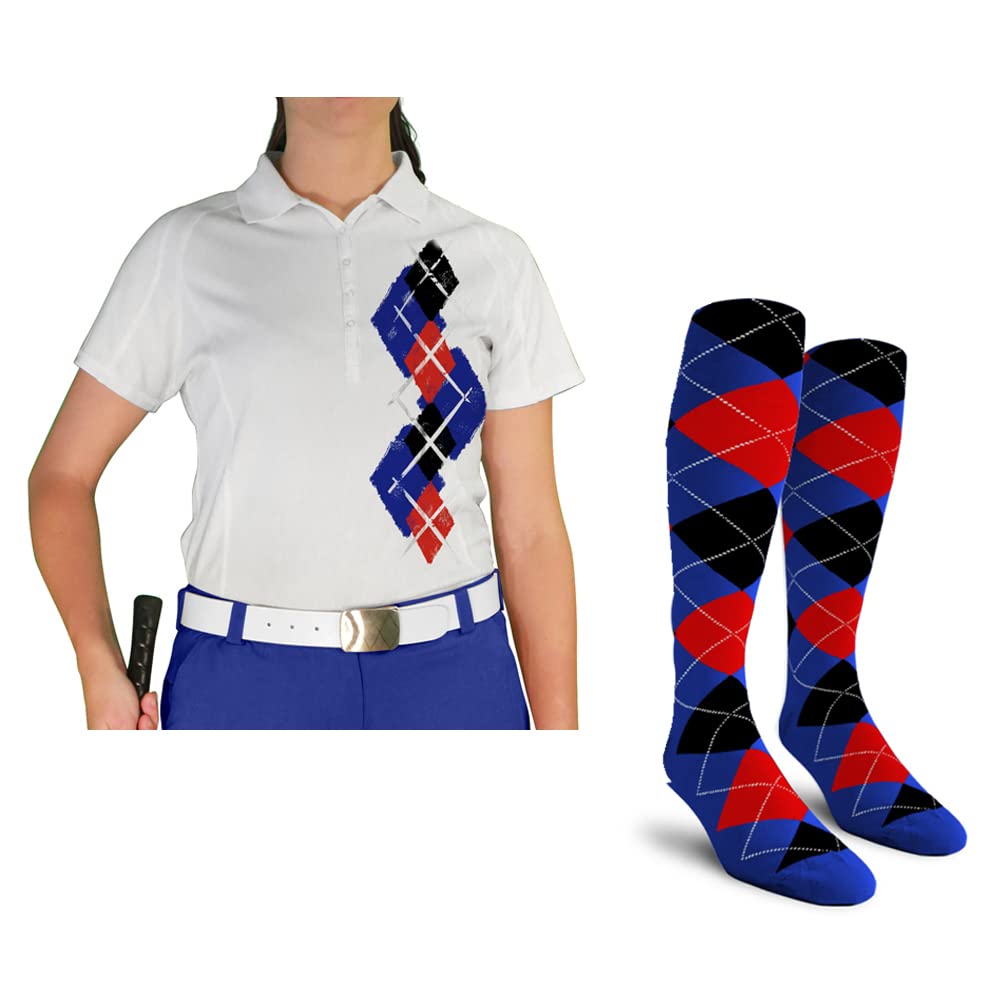 Dry Fit Short Sleeve Graphic Golf Polo Shirt with Socks for Women - Breathable Moisture Wicking Performance Top & Comfortable Socks Set - Argyle Paradise Design (Sizes 5A-5Z) | Perfect for Golf, Tennis, Casual Wear & Outdoor Activities