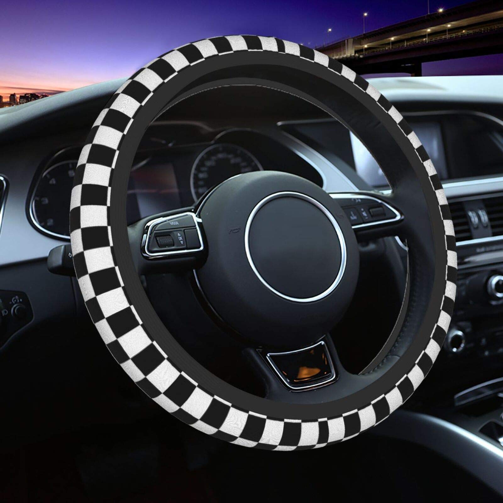 Hitamus Black & White Checkered Steering Wheel Cover - Universal 15 Inch Neoprene Anti-Slip Car Wheel Protector for Women & Girls | Perfect for Daily Commute, Road Trips & Car Decor
