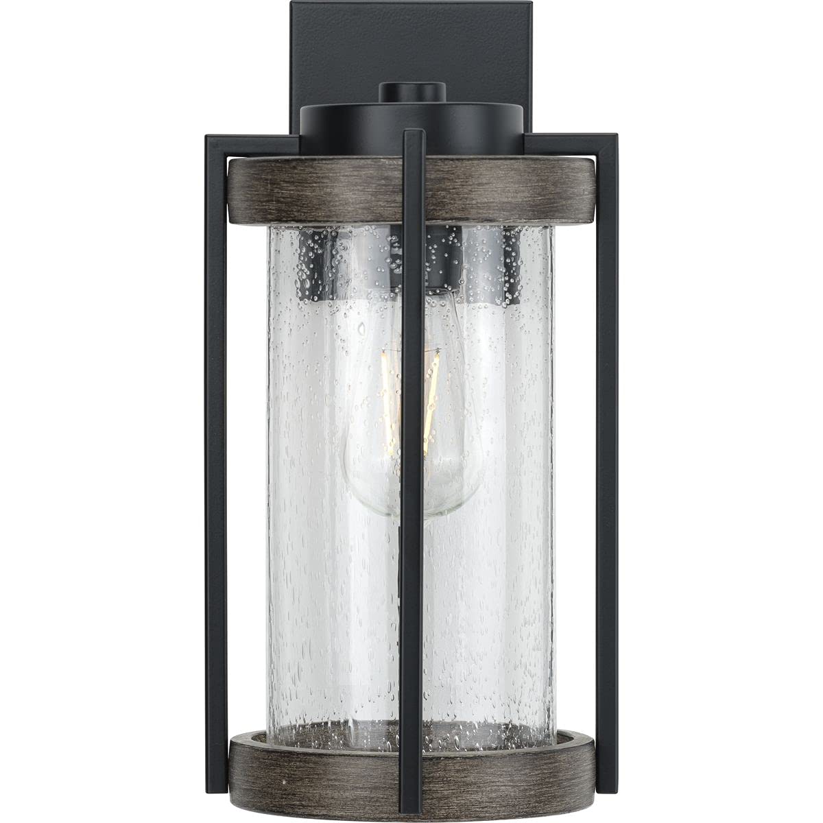 Whitmire Collection 1-Light Clear Seeded Glass Farmhouse Outdoor Wall Lantern with Aged Oak Accents in Matte Black - Perfect for Porch, Patio, Garden, and Entryway Lighting