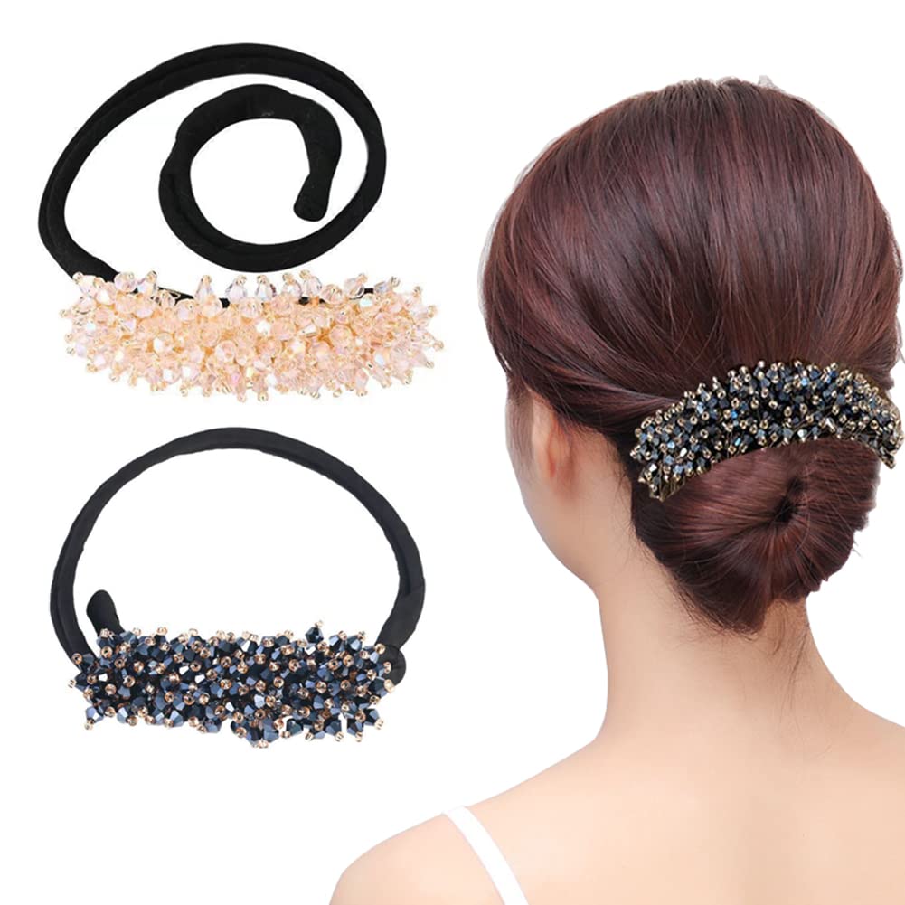 2 PCS Rhinestone Bun Makers - Crystal Hair Styling Tools for Easy DIY Hairstyles, Pink & Blue Hair Accessories | Perfect for Parties, Weddings & Special Occasions
