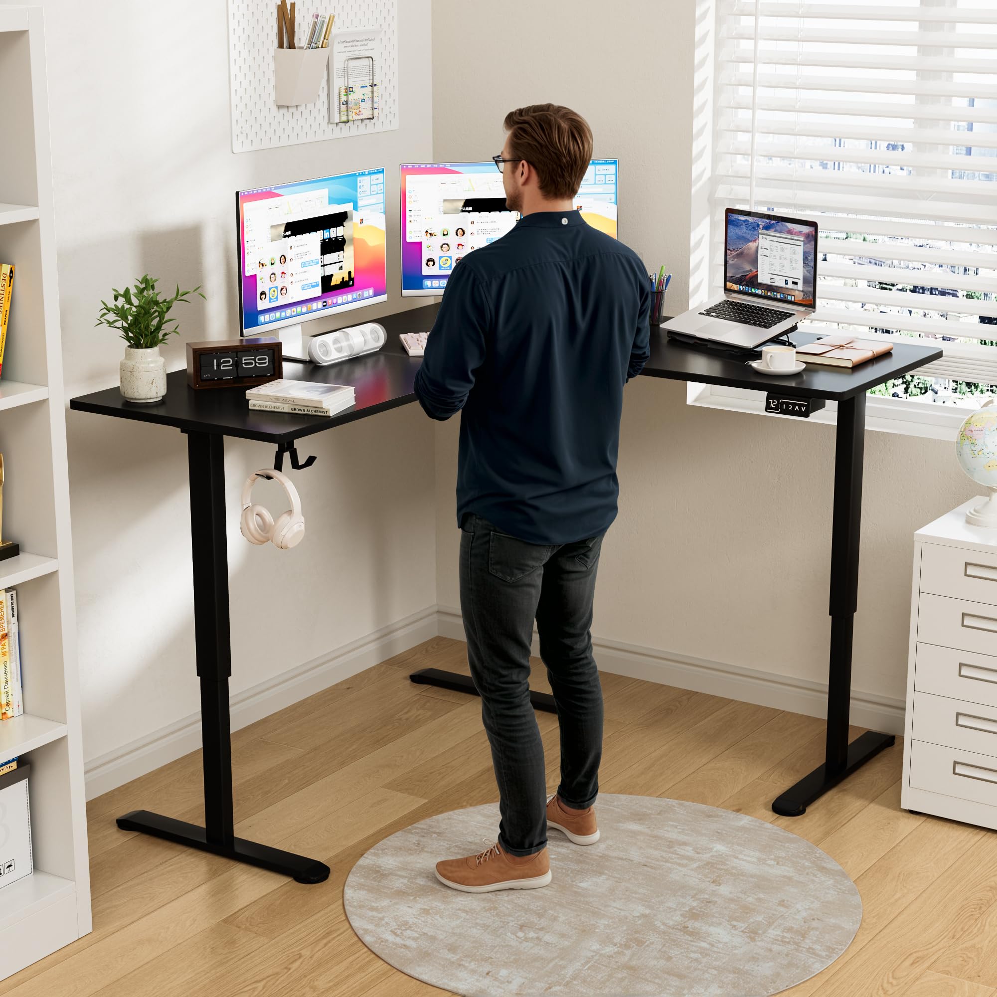 Furmax Electric L-Shaped Standing Desk 63 x 55 Inch - Adjustable Height Corner Computer Workstation with Memory Presets, Ergonomic Home Office Desk (Black) | Perfect for Small Spaces, Remote Work & Gaming Setup