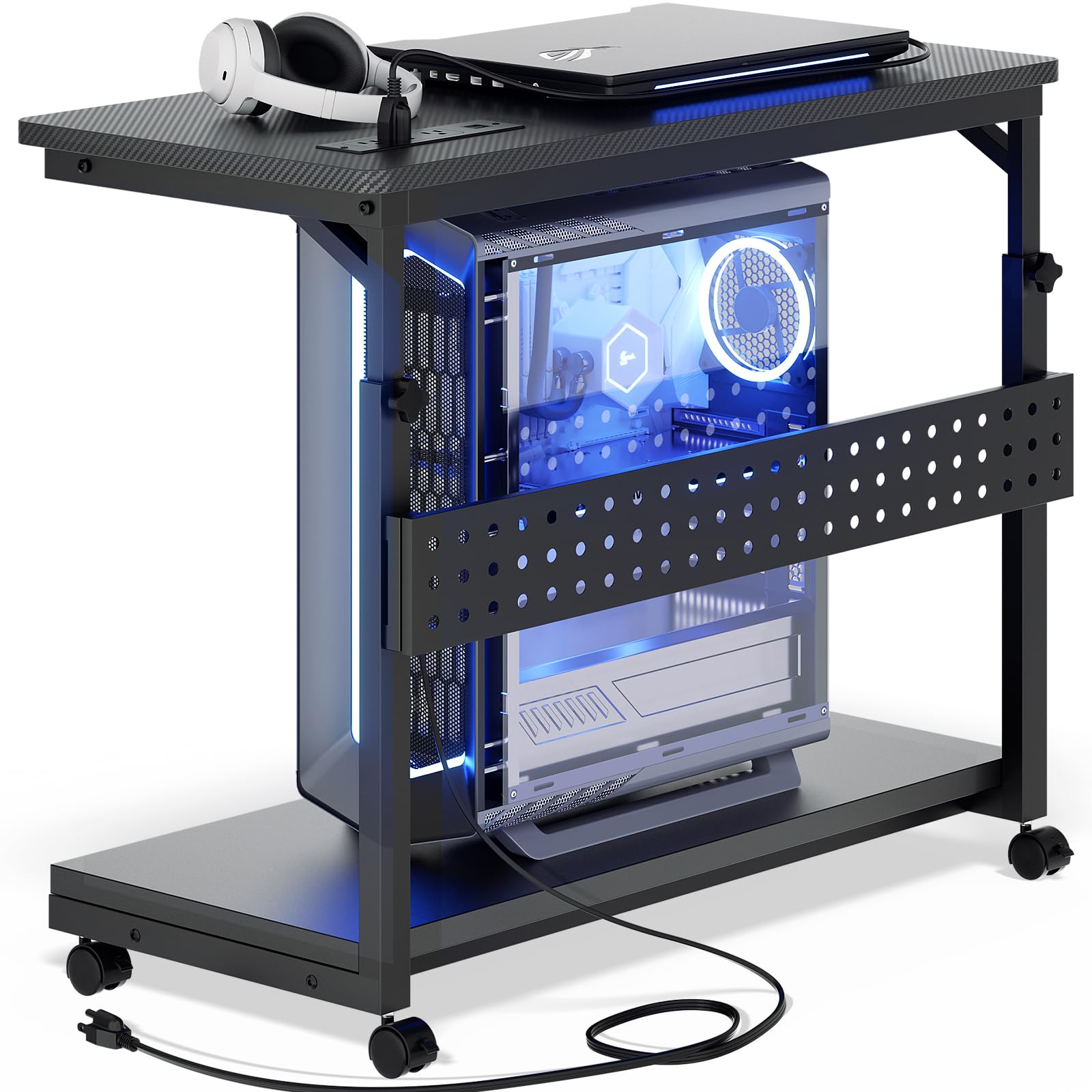 Adjustable Height Rolling Computer Tower Stand with Power Strips - 32