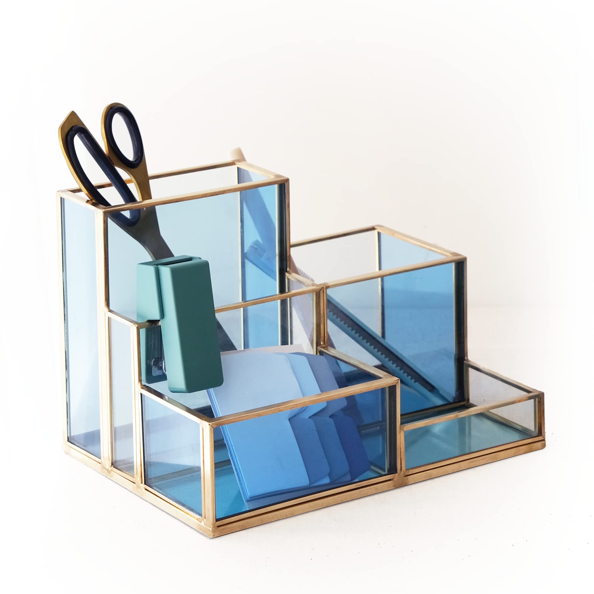 Elegant Gold & Blue Glass Desk Organizer - 5-Compartment Pen Holder, Makeup Brush & Skincare Storage, Stylish Office & Vanity Accessories for Women | Perfect for Home Office, Makeup Vanity & Desk Organization