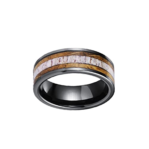 8mm Black Tungsten Whiskey Barrel Wedding Band for Men - Unique Deer Antler & Bourbon Barrel Wood Ring - Durable Anniversary Gift for Him - Perfect for Weddings, Engagements & Special Occasions